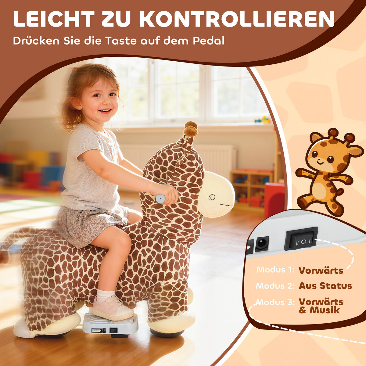 KINDER Elektroauto in Giraffenform 6V Kinderfahrzeug mit Musik Fußpedal Braun - Braun, Textil (74/34/51cm) - AIYAPLAY