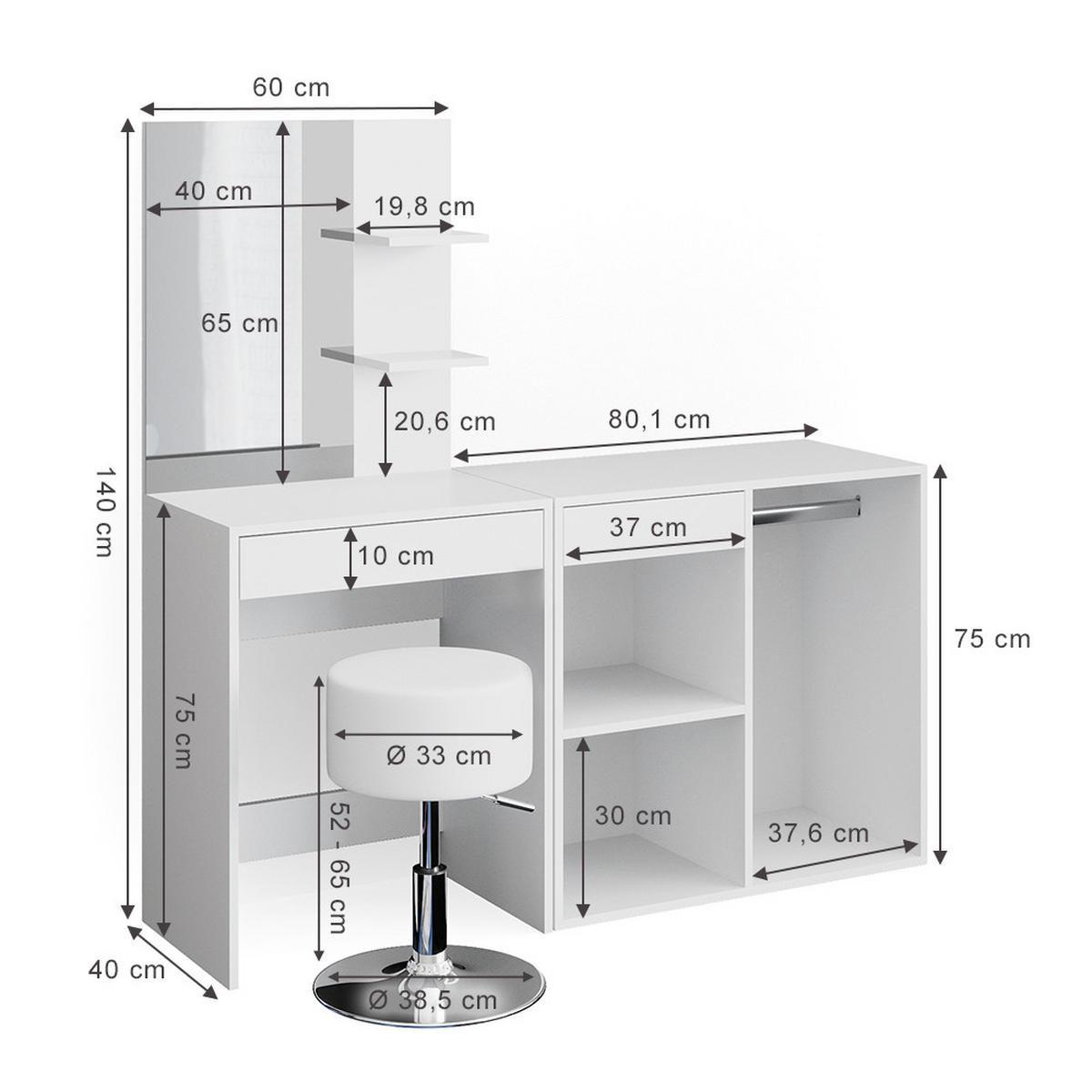 SCHMINKTISCH Isabelle Weiß 60 cm mit Hocker - Weiß, Holzwerkstoff (60/140/40cm) - Vicco