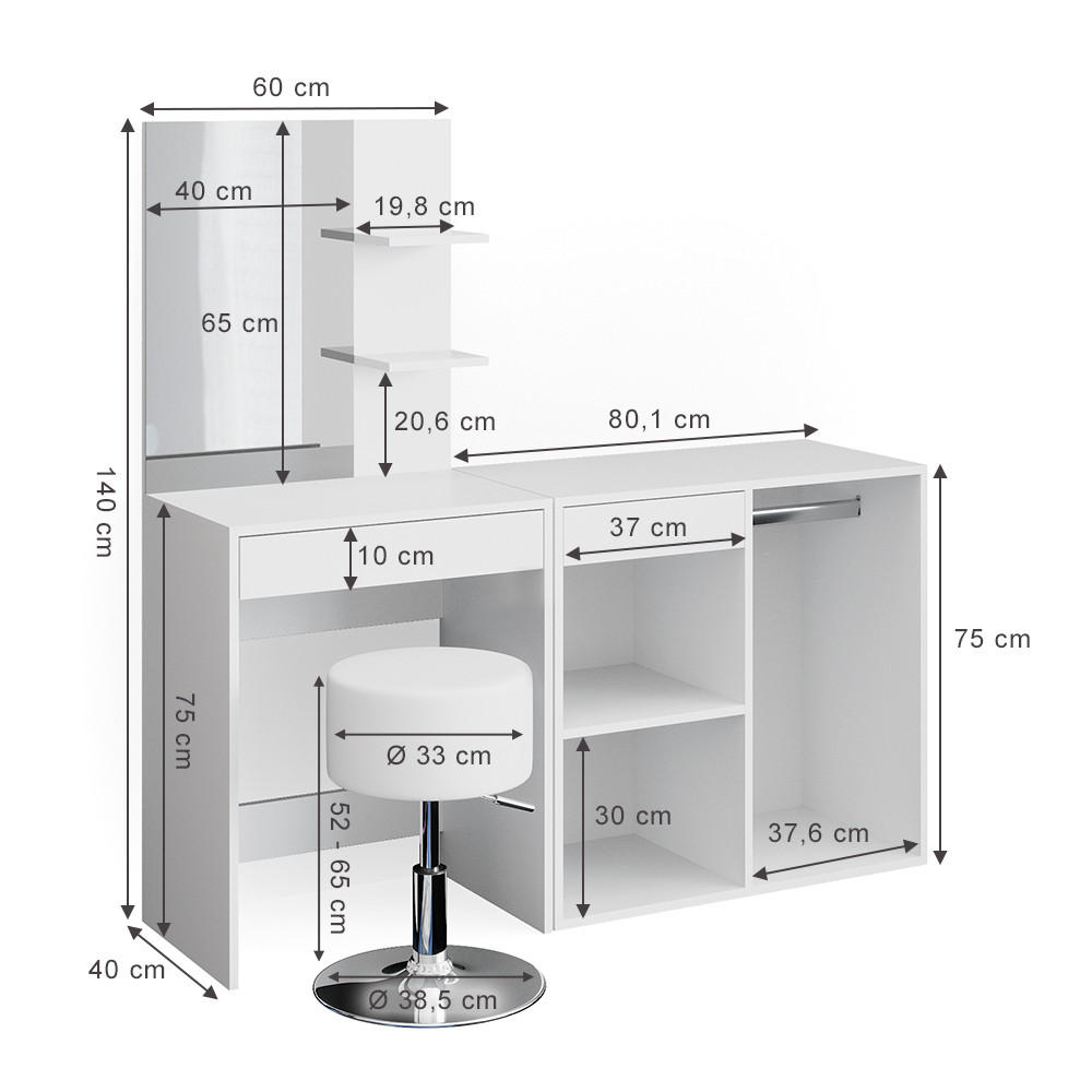 Thumbnail - Vicco Schminktisch, Weiß, Holzwerkstoff, 8 Fächer, 2 Schubladen, Rechteckig,Rechteckig, 140x140x40 cm, Schlafzimmer, Sch...