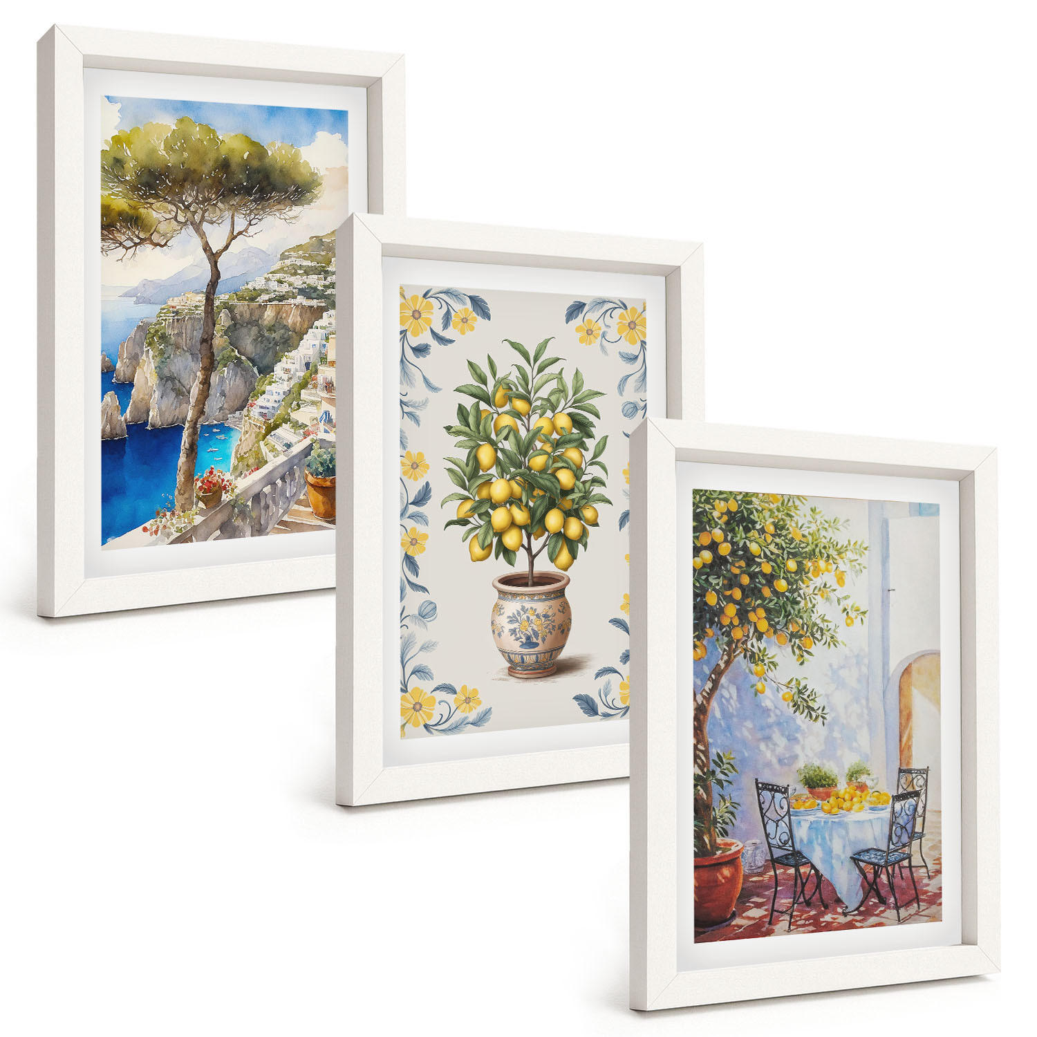 BILDER SET 3er Set - 20x30 cm Weißer Rahmen - Gemälde von Zitronenbäumen - Weiß, Kunststoff (20/30cm) - TULUP