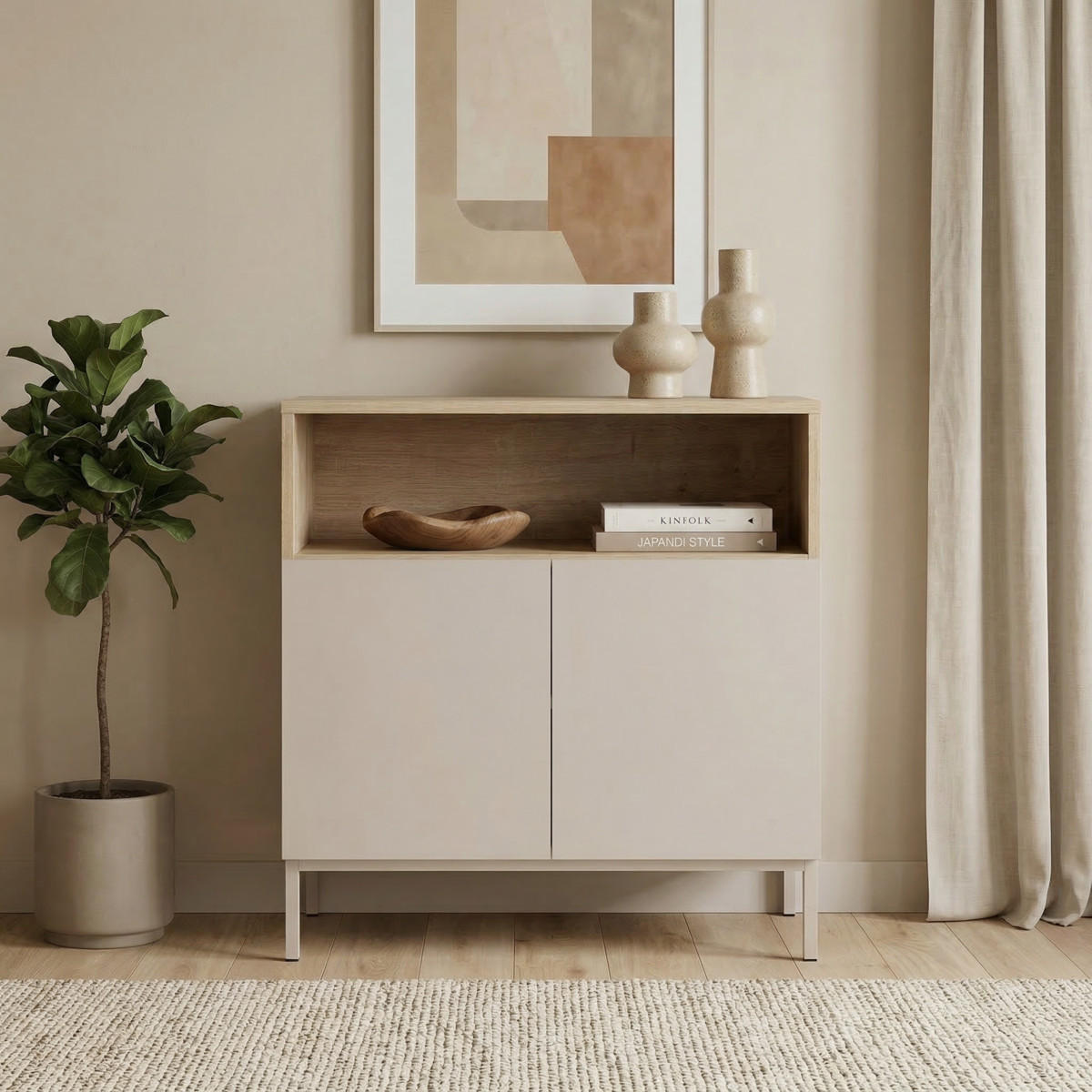 SIDEBOARD 2 Türen Fach Kaschmir- und Holzdekor 40/80/80 cm - Beige, Holzwerkstoff (40/80/44cm) - Calicosy