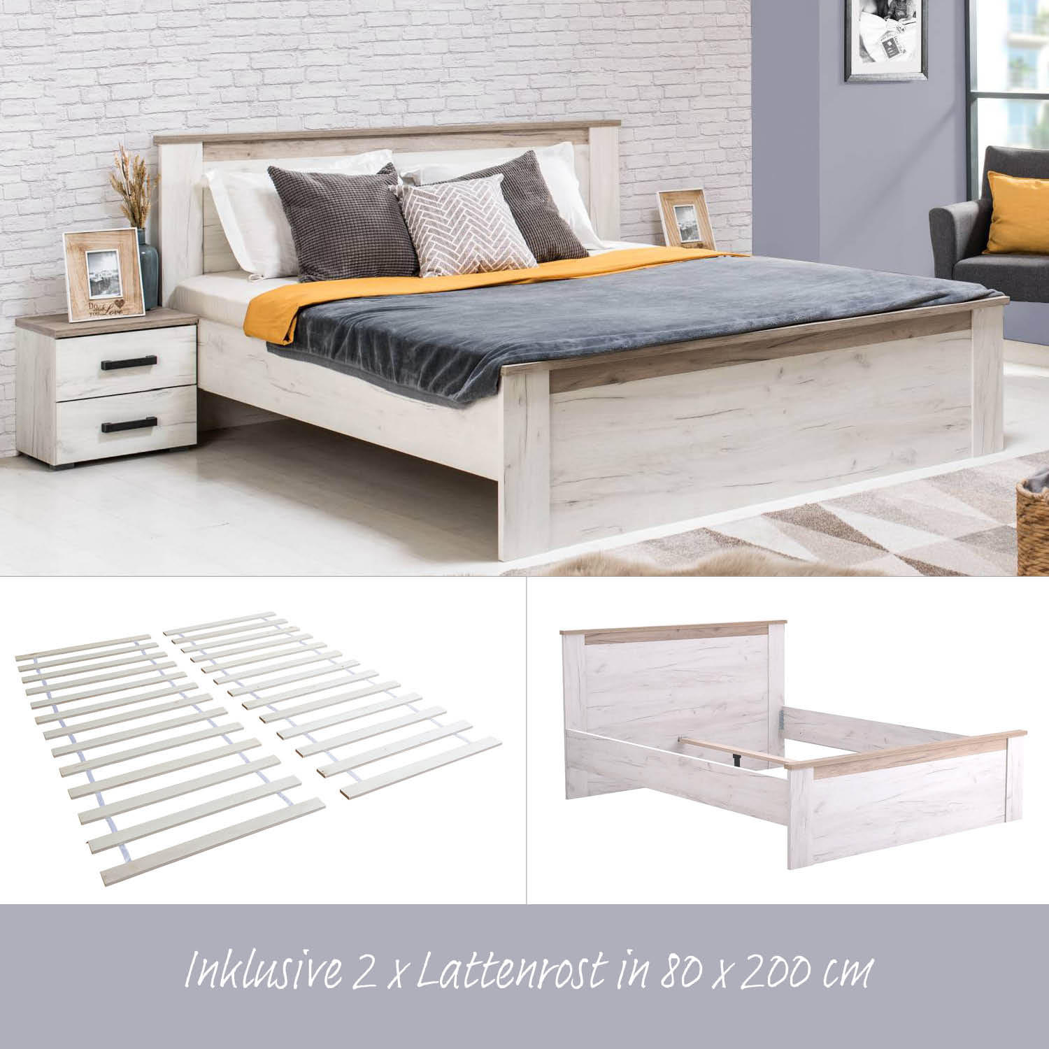 HOLZBETT 160/200 cm shabby weiß - Grau, Holz - Homestyle4u