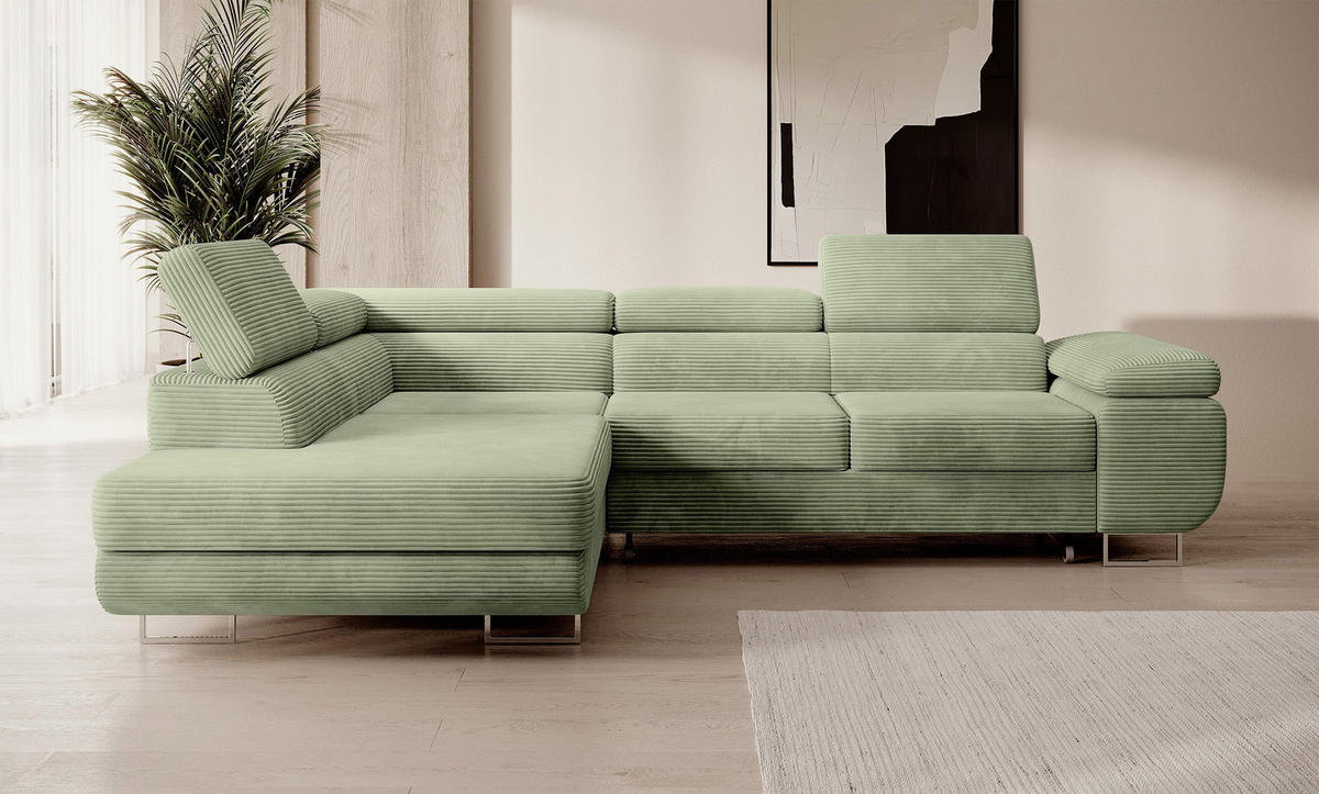 ECKSOFA Stevil Salbeigrün Cordbezug - Salbeigrün/Silberfarben, Textil/Metall (275/203cm) - Selsey