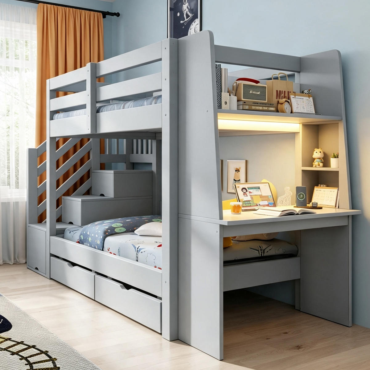 ETAGENBETT 90 x 200 cm mit Schreibtisch, LED und Schubladen, Grau - Grau, Holz (90/200cm) - FLIEKS