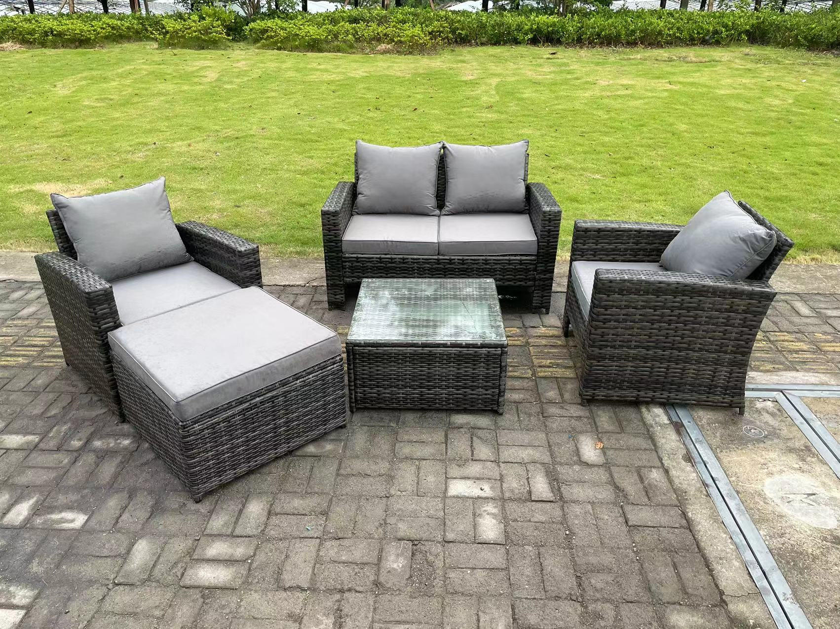 GARTENSOFA SET mit Couchtisch Polyrattan Dunkelgrau 5-Sitzer - Dunkelgrau, Metall - Fimous