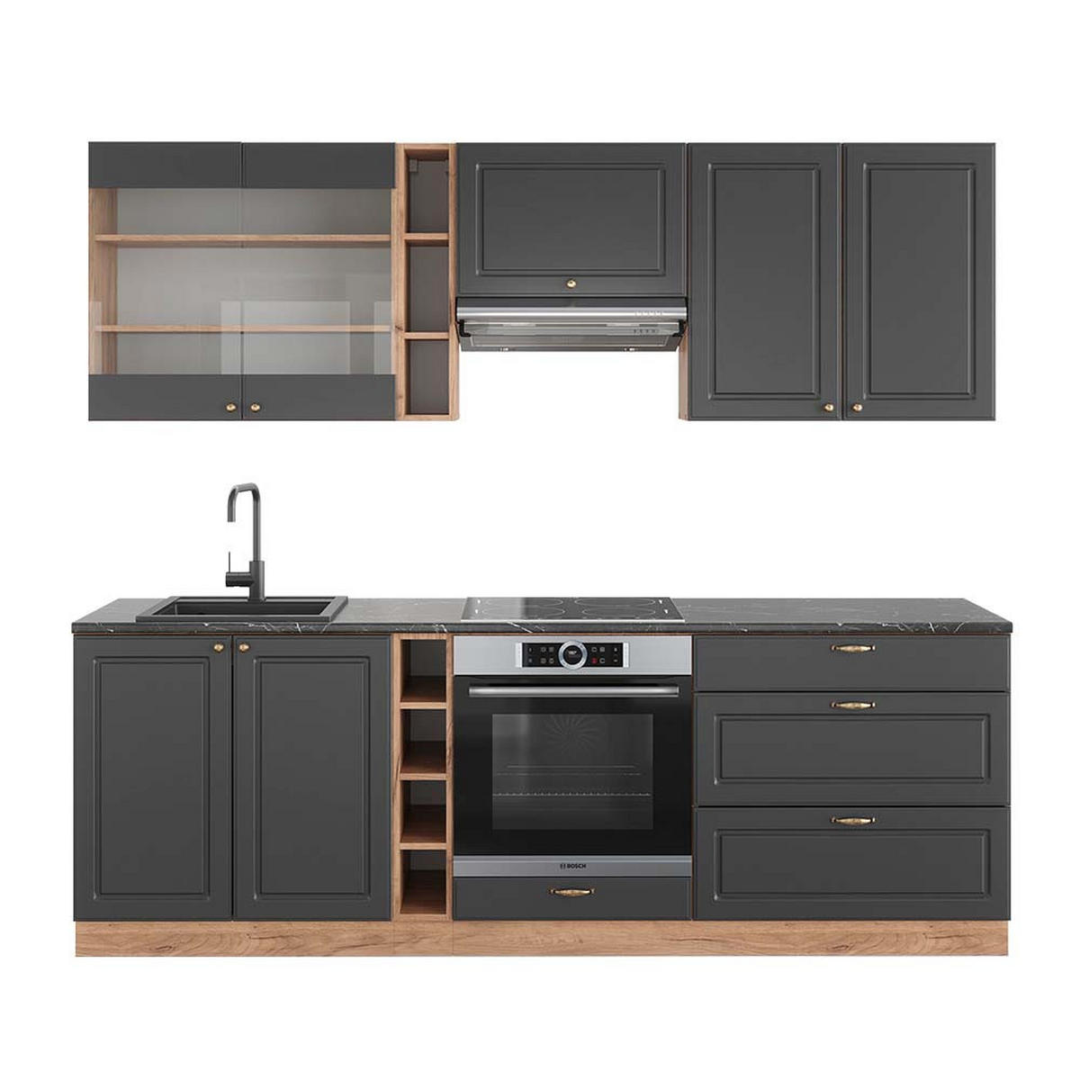 KÜCHENZEILE Fame-Line Anthrazit Landhaus/Goldkraft Eiche 235 cm AP Anthrazit - Honigeiche/Anthrazit, Holzwerkstoff (235/81.6/60cm) - Vicco