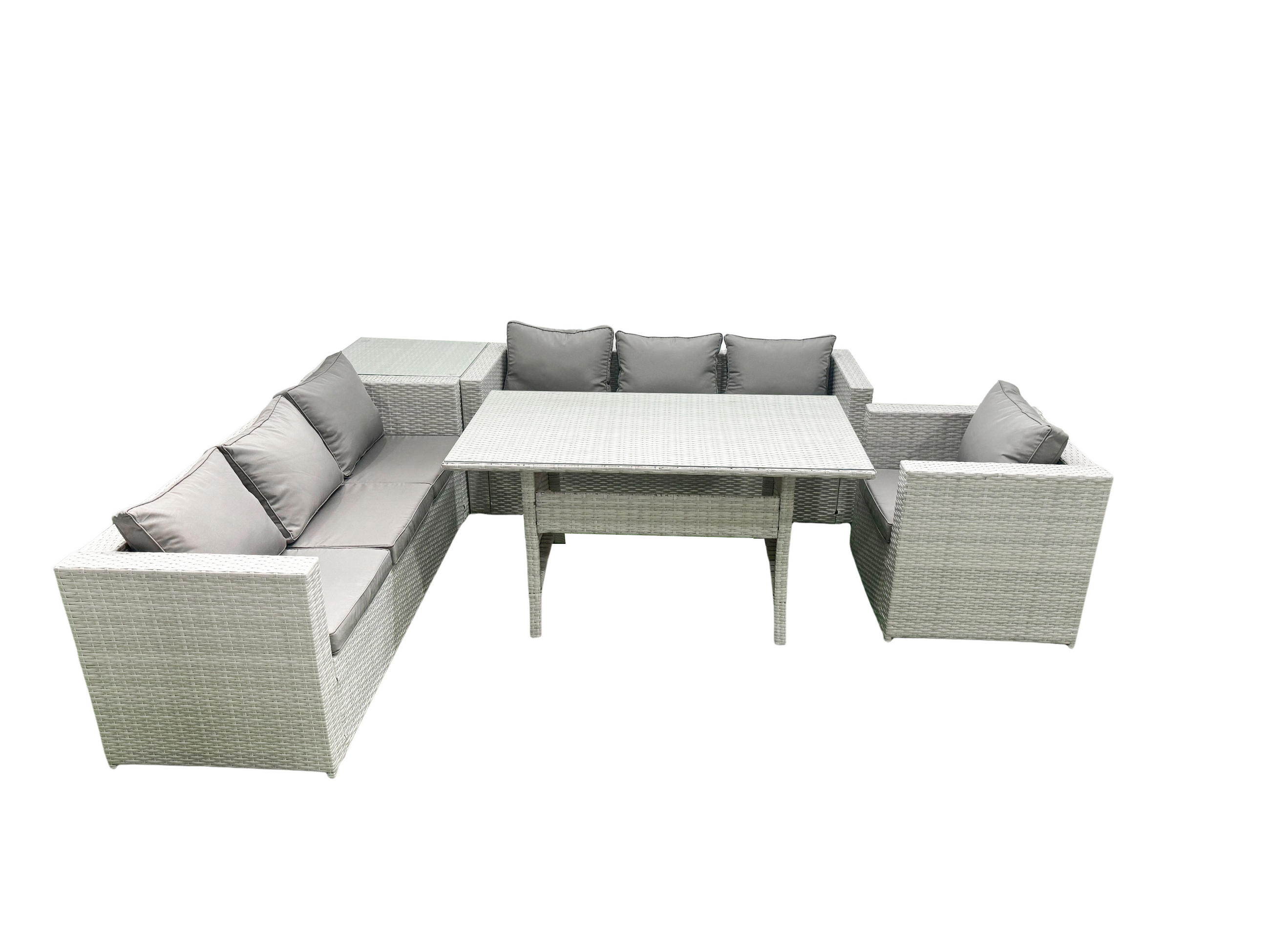 GARTENMÖBEL SET mit 3-Sitzer-Sofa und Sessel, Esstisch,Beistelltisch Polyrattan Hellgrau 7-Sitzer - Hellgrau/Grau, Glas/Kunststoff - Fimous
