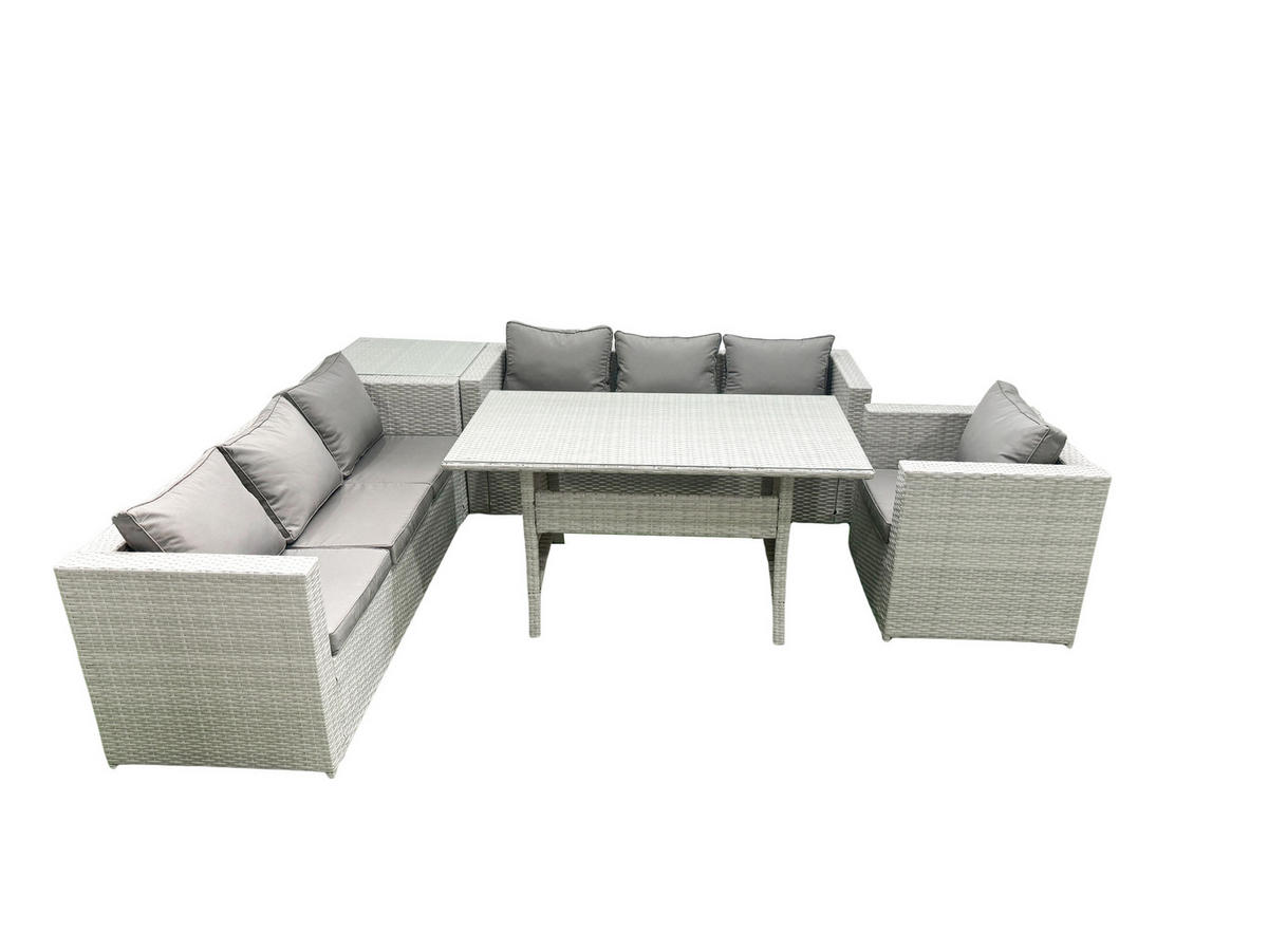GARTENMÖBEL SET mit 3-Sitzer-Sofa und Sessel, Esstisch,Beistelltisch Polyrattan Hellgrau 7-Sitzer - Hellgrau/Grau, Glas/Kunststoff - Fimous