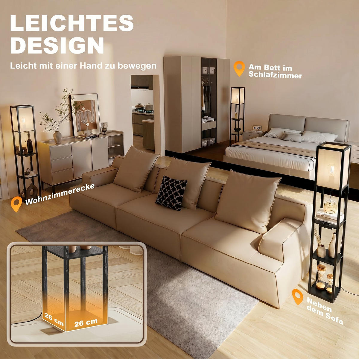 STEHLEUCHTE mit Ablagen MDF Schwarz - Schwarz, Holzwerkstoff (26/26/161cm) - HOMCOM