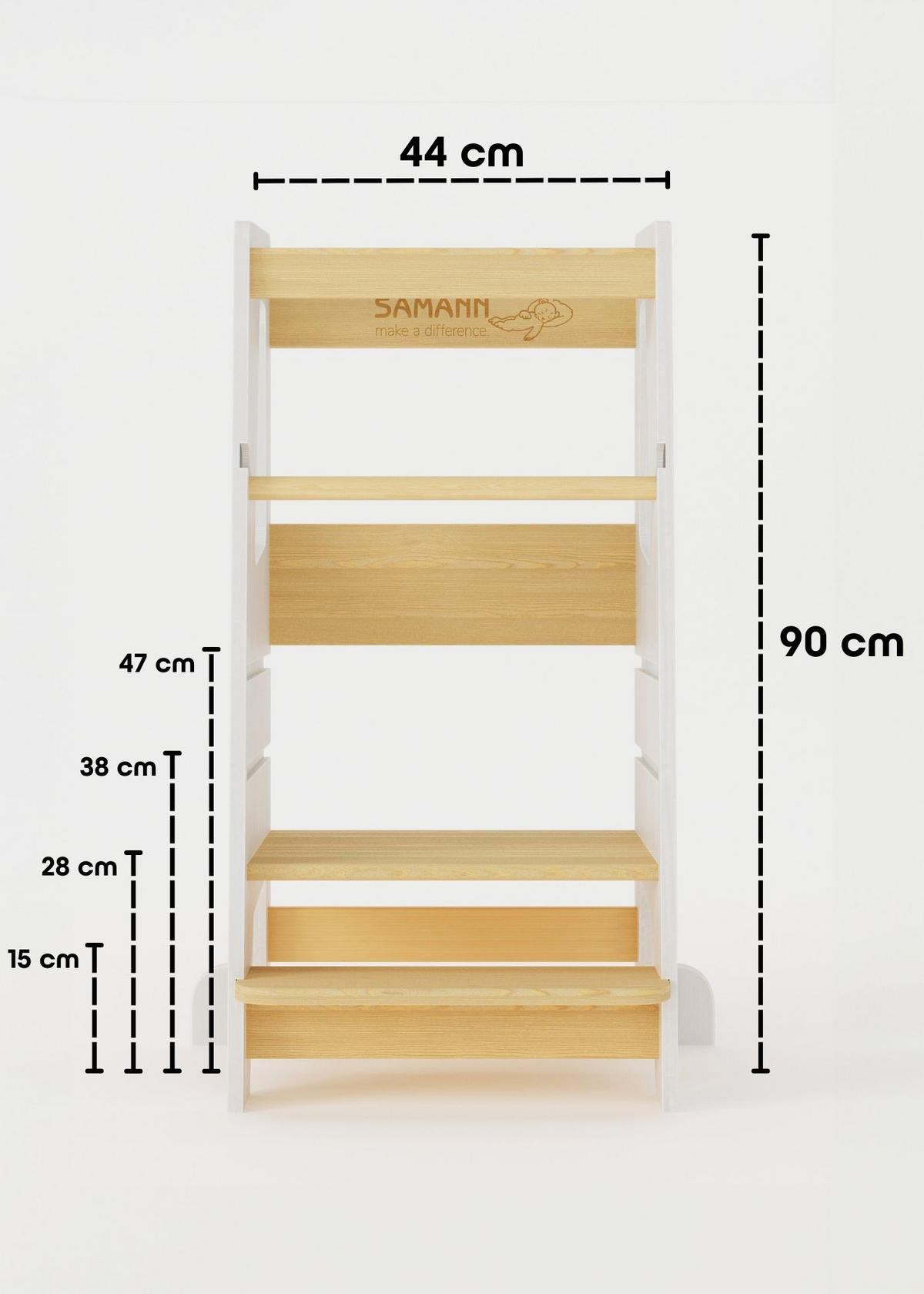 LERNTURM Steppy Höhenverstellbar Montessori Kippschutz weiß/natur - Weiß/Naturfarben, Holzwerkstoff (44/90/44cm) - Sämann – make a difference.