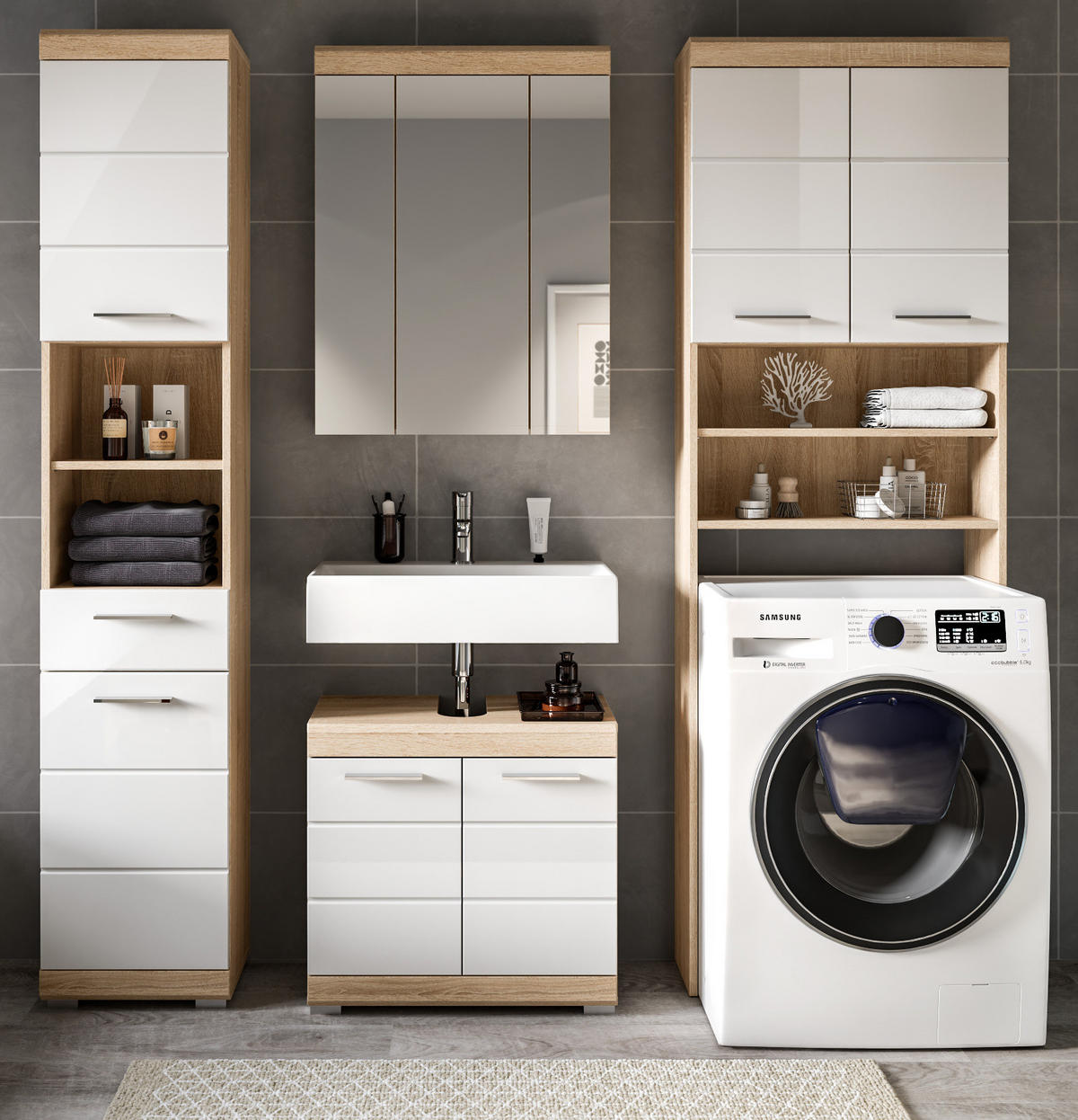 BADMÖBEL-SET weiß Hochglanz, Eiche 4-teilig 190 cm, viel Stauraum - Weiß Hochglanz/Eichefarben, Glas/Holzwerkstoff (190/191/34cm) - Inn.Furn