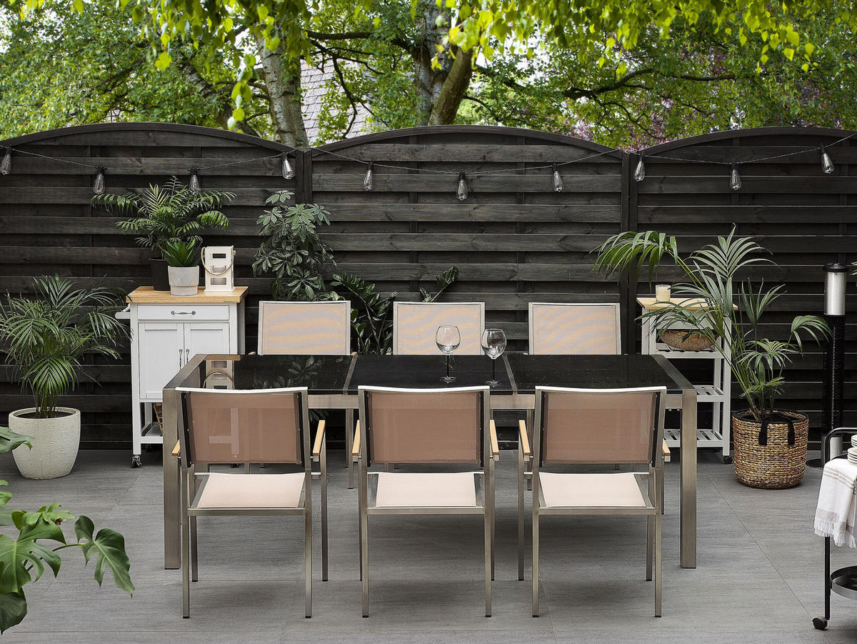 GARTENTISCH Edelstahl/Naturstein schwarz poliert 220/100 cm Grosseto - Silberfarben/Schwarz, Stein (220/100/74cm) - Beliani