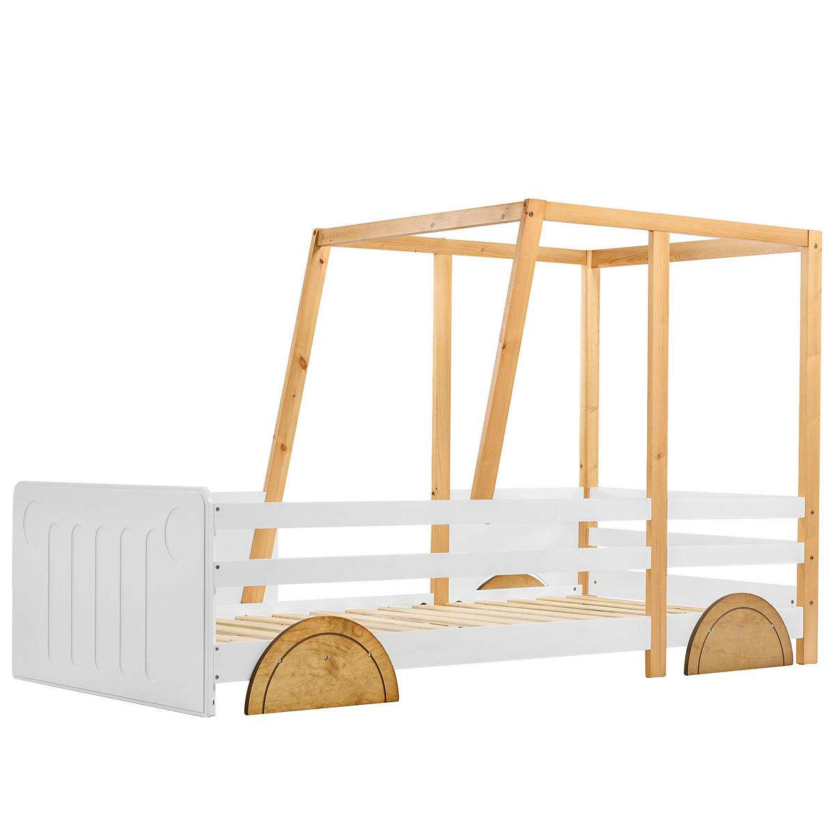 KINDERBETT 90/200 cm in Weiß & Natur mit Rädern und Schutzzaun - Weiß/Naturfarben, Holz/Holzwerkstoff (90/200cm) - WISHDOR