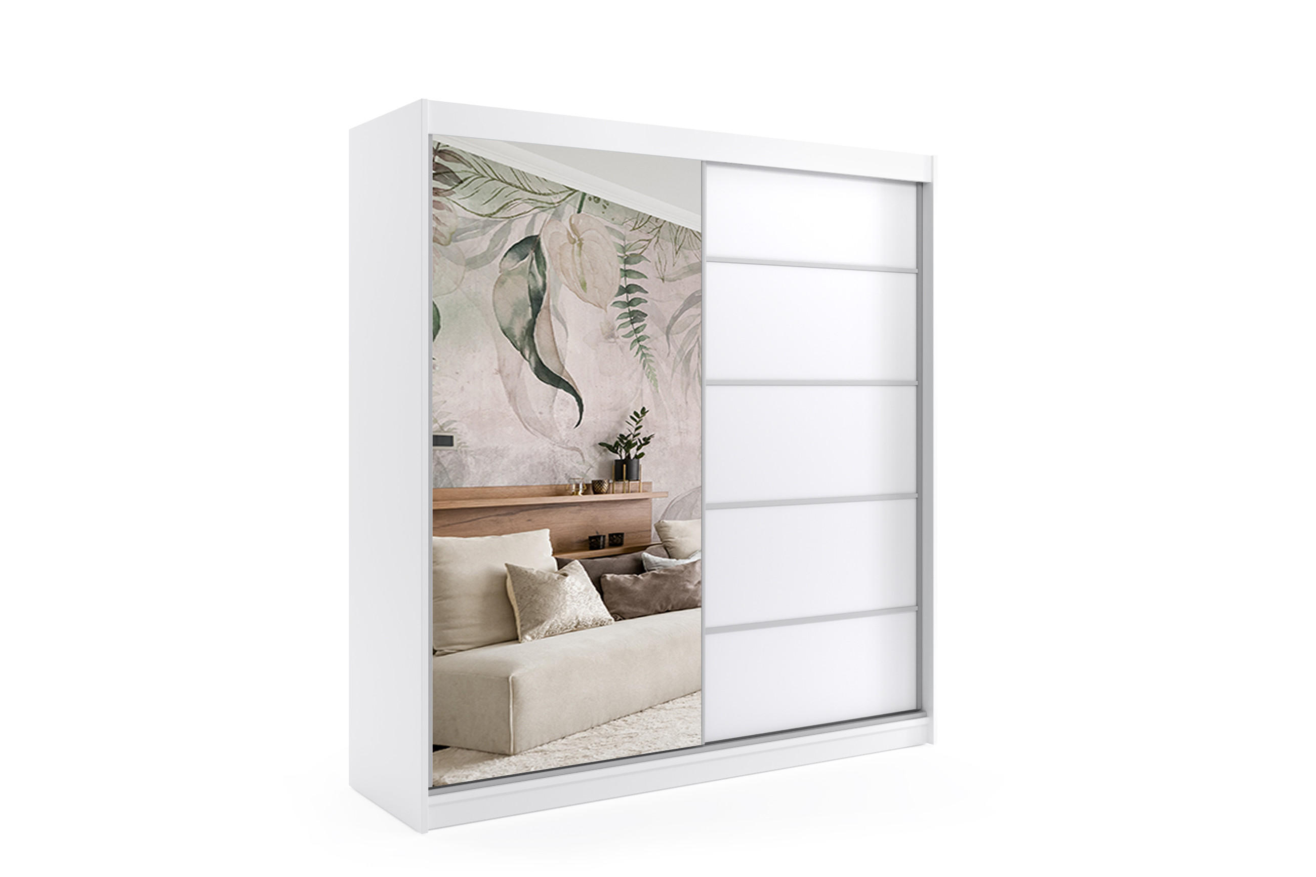 KLEIDERSCHRANK mit Spiegel-Schiebetüren und Aluminium-Leisten, LED-Beleuchtung - MAKI - 200 cm Weiß - Weiß, Holzwerkstoff (200/216/61cm) - ALTDECOR