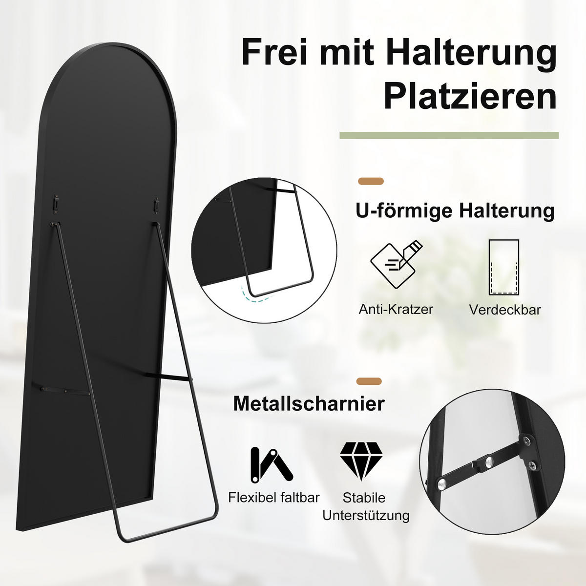 GANZKÖRPERSPIEGEL 63x173 cm, gebogener Aluminiumrahmen, freistehend/Wandmontage in Schwarz, für Wohn- & Schlafzimmer - Schwarz, Glas/Metall (63/2/173cm) - BRILVERDE