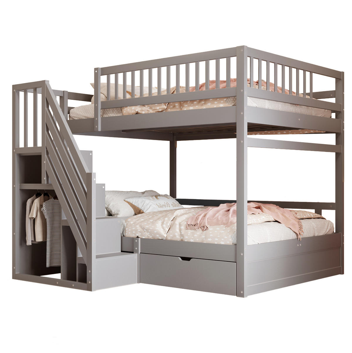 ETAGENBETT 140/200 cm aus Kiefernholz mit Stauraumtreppe und Schubladen Grau - Grau, Holz (140/200cm) - Modenvie