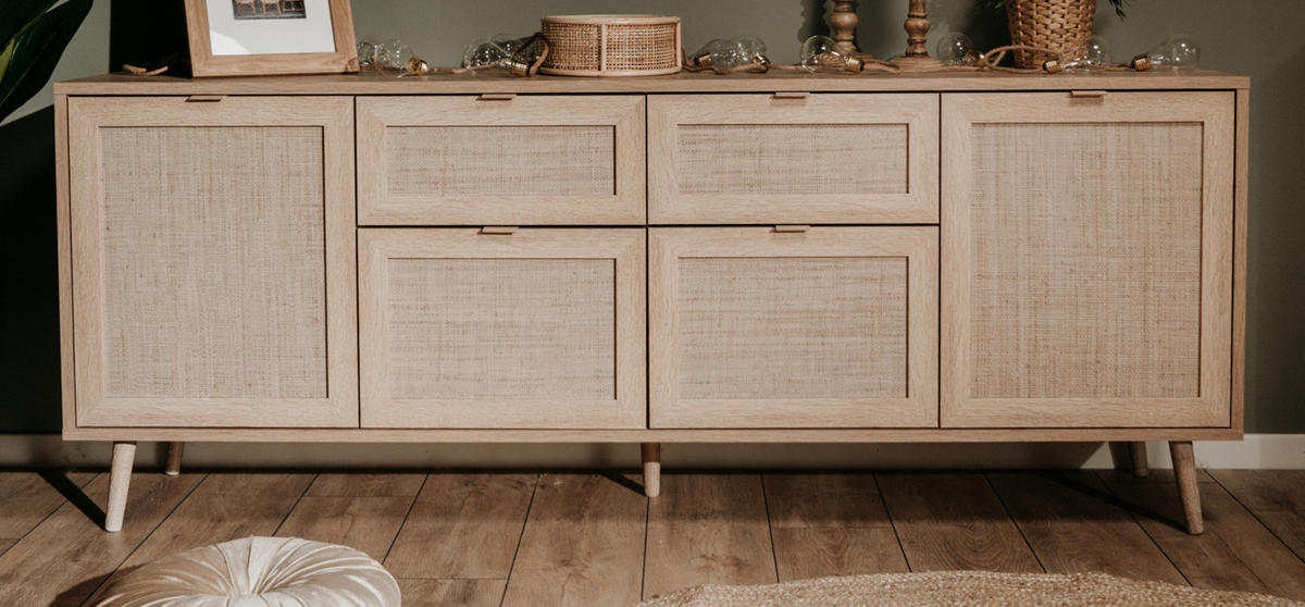 SIDEBOARD Eiche Sonoma, Bast-Dekor 180 cm, Kommode skandinavisch - Eichefarben, Holz/Holzwerkstoff (180/71/40cm) - Furn.Design