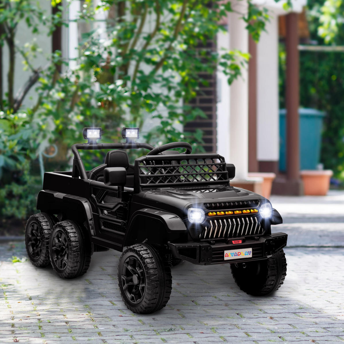 ELEKTRISCHES Kinderauto 12V, mit Anhänger, LED-Lichtern, Musik und Hupe, für Kinder im Alter von 3-8 Jahren, Schwarz - Schwarz, Kunststoff/Metall (122/62.5/65cm) - AIYAPLAY