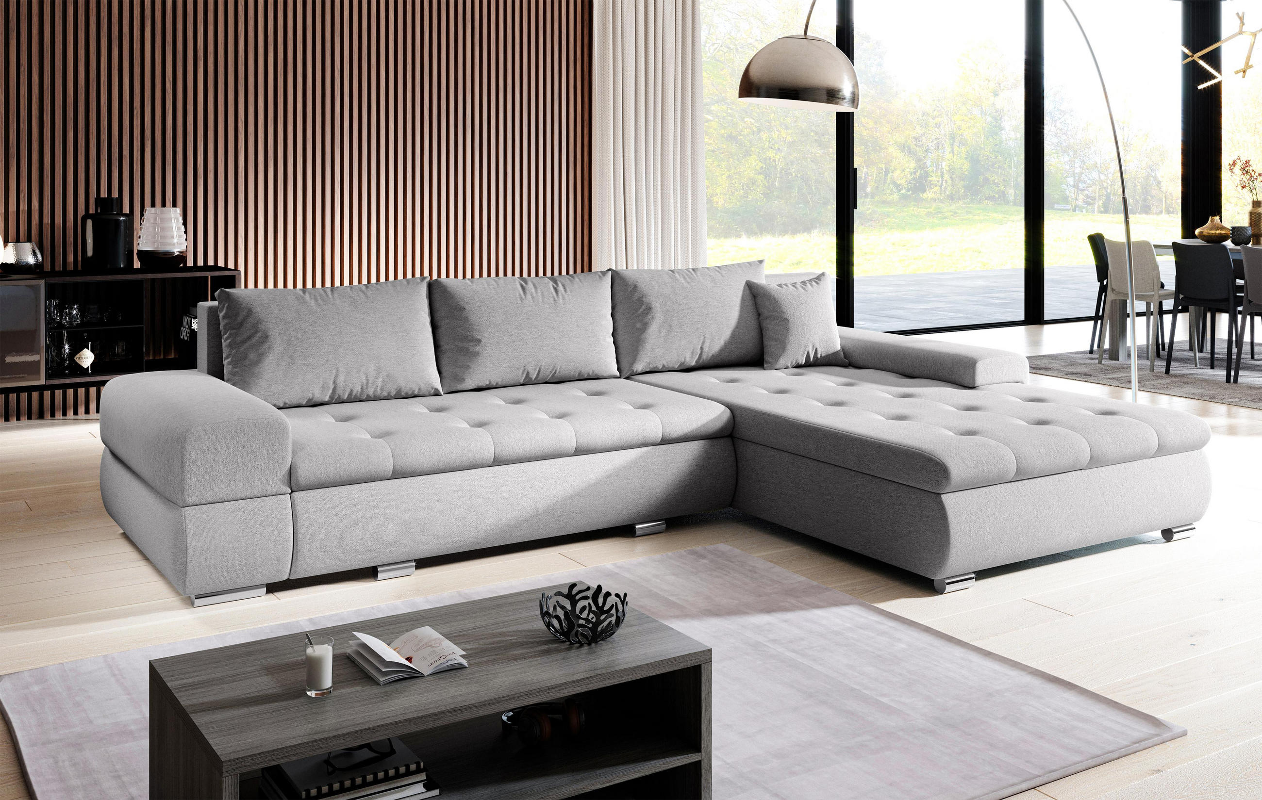 ECKSOFA L Form Sivaso Hellgrau 310/210/85 cm – mit Schlaffunktion und Bettkasten - Silberfarben/Hellgrau, Textil/Metall (310/210cm) - AX Living