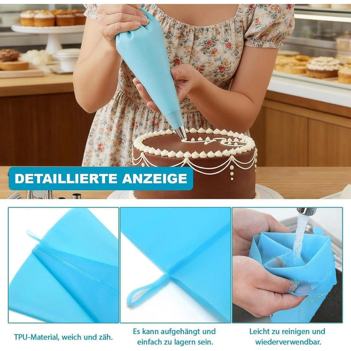 SPRITZBEUTEL Set 33-teilig mit Edelstahltüllen - Blau, Kunststoff (17/1/30cm)