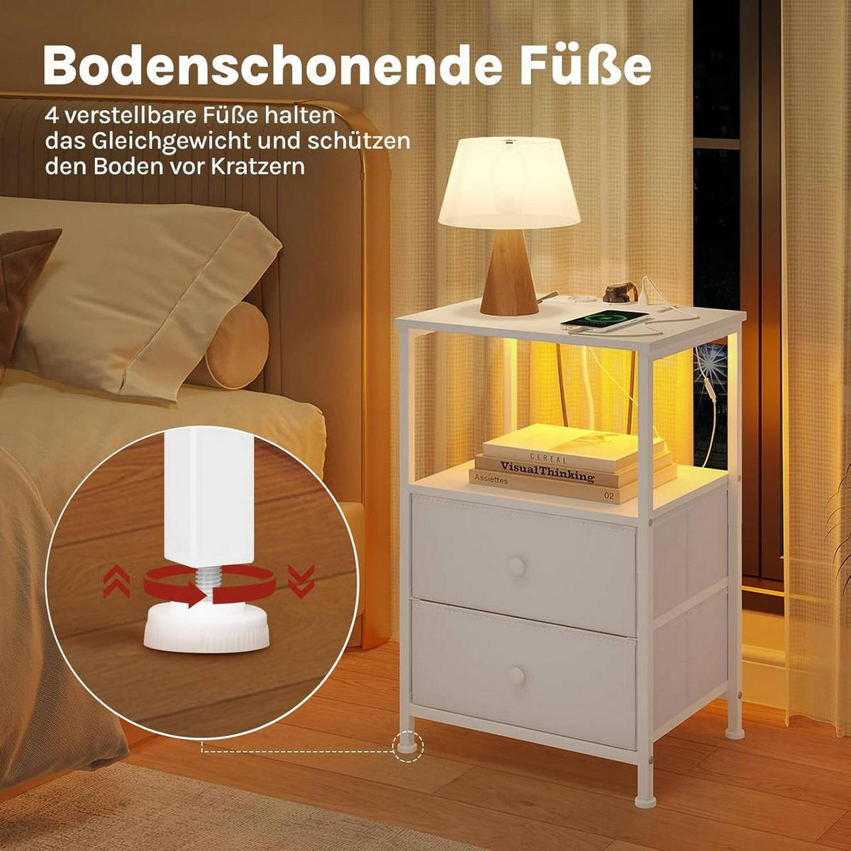NACHTTISCH 2er Set, mit Ladefunktion, 2 Schubladen, Weiß - Weiß, Holzwerkstoff/Textil (40/60/30cm) - Woltu