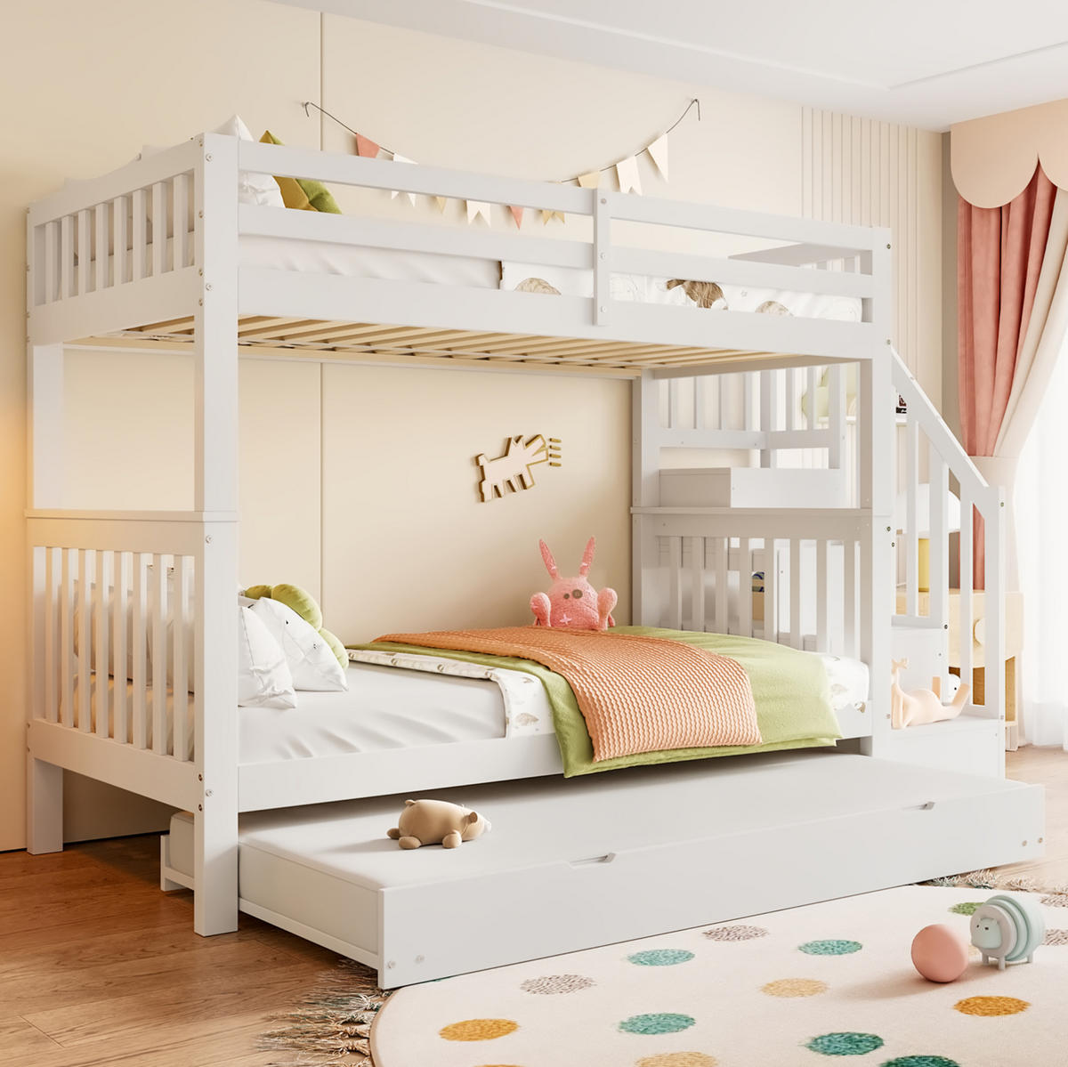 ETAGENBETT 90/200 cm in Weiß mit Rollbett, Treppenregal und hoher Absturzsicherung - Weiß, Holzwerkstoff (90/200cm) - Flora Grace
