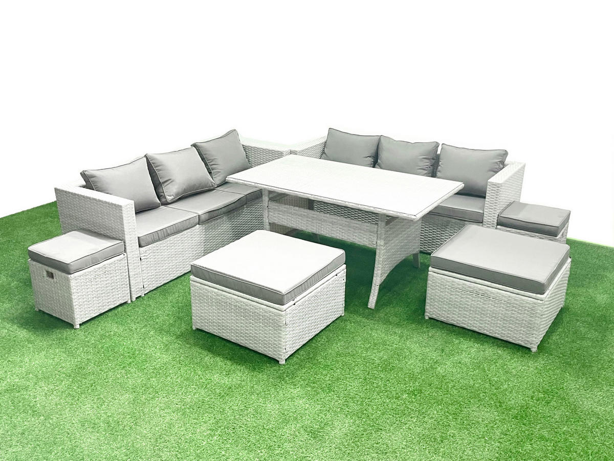 GARTENSET mit Esstisch,Sofa,3 Fußhocker Polyrattan Hellgrau 10-Sitzer - Hellgrau/Grau, Glas/Kunststoff - Fimous