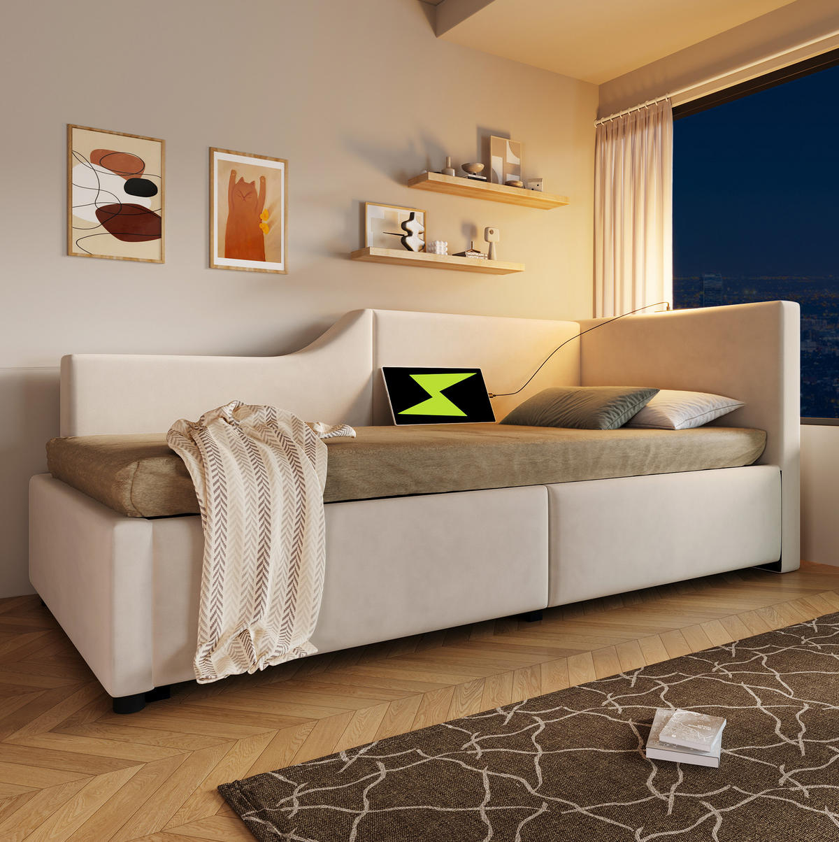 POLSTERBETT 90/190 cm in Beige mit Stauraum und USB- und Type-C-Anschlüssen - Beige, Textil (90/190cm) - Flora Grace