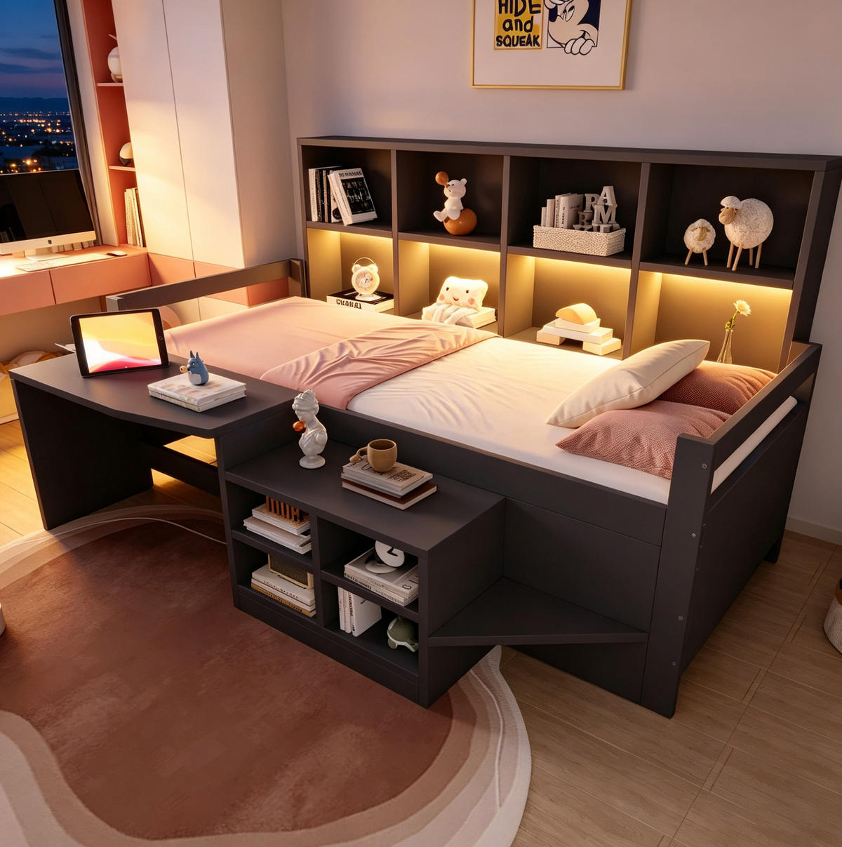 MULTIFUNKTIONSBETT 90x200 cm in Grau mit Schreibtisch, Stauraum und LED-Leiste - Grau, Holz (90/200cm) - IVMEU