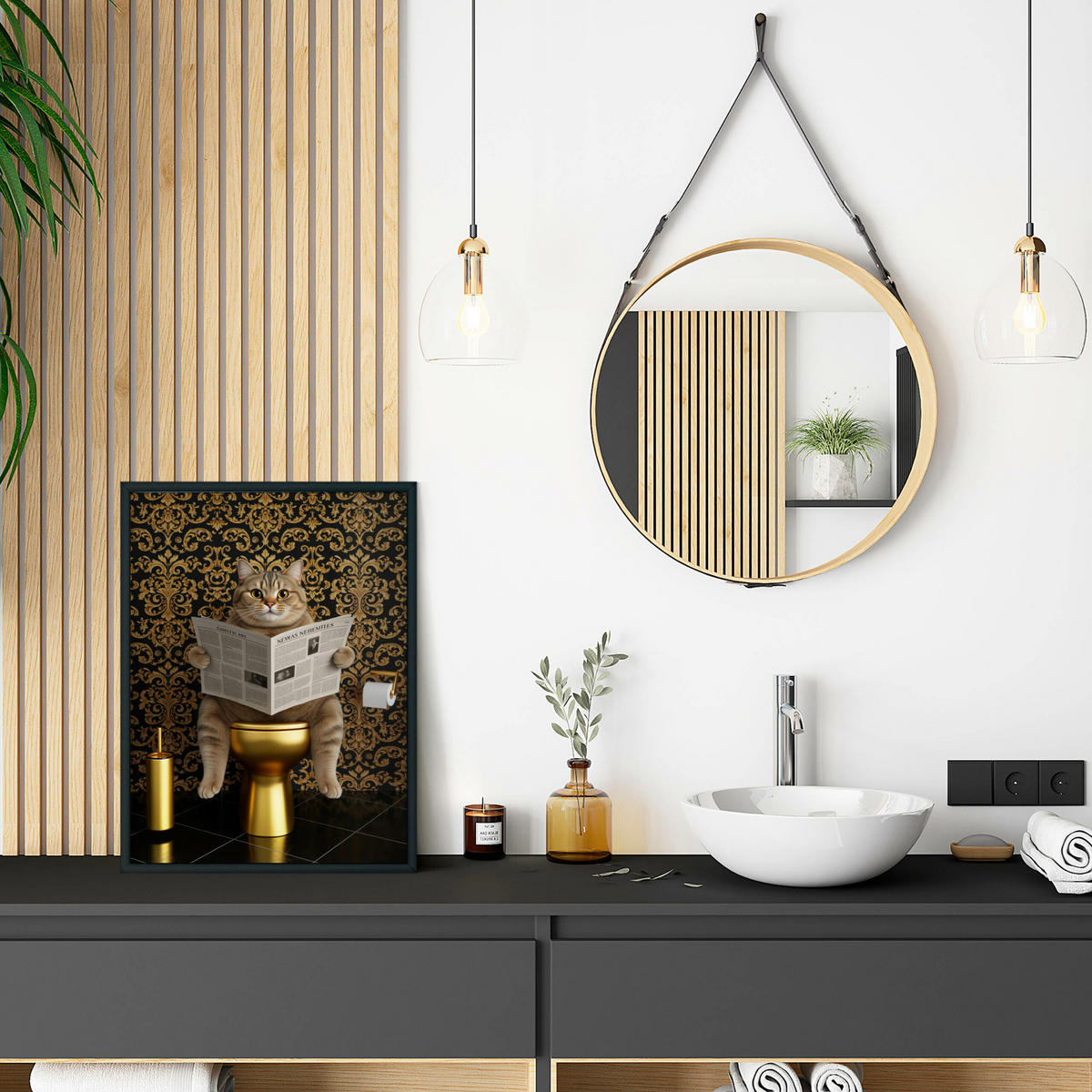 POSTER für Badezimmer WC KATZE auf Toilette mit Zeitung Glamour Abstraktion 20x30cm - Gelb/Beige, Papier (20/30/30cm) - Muralo