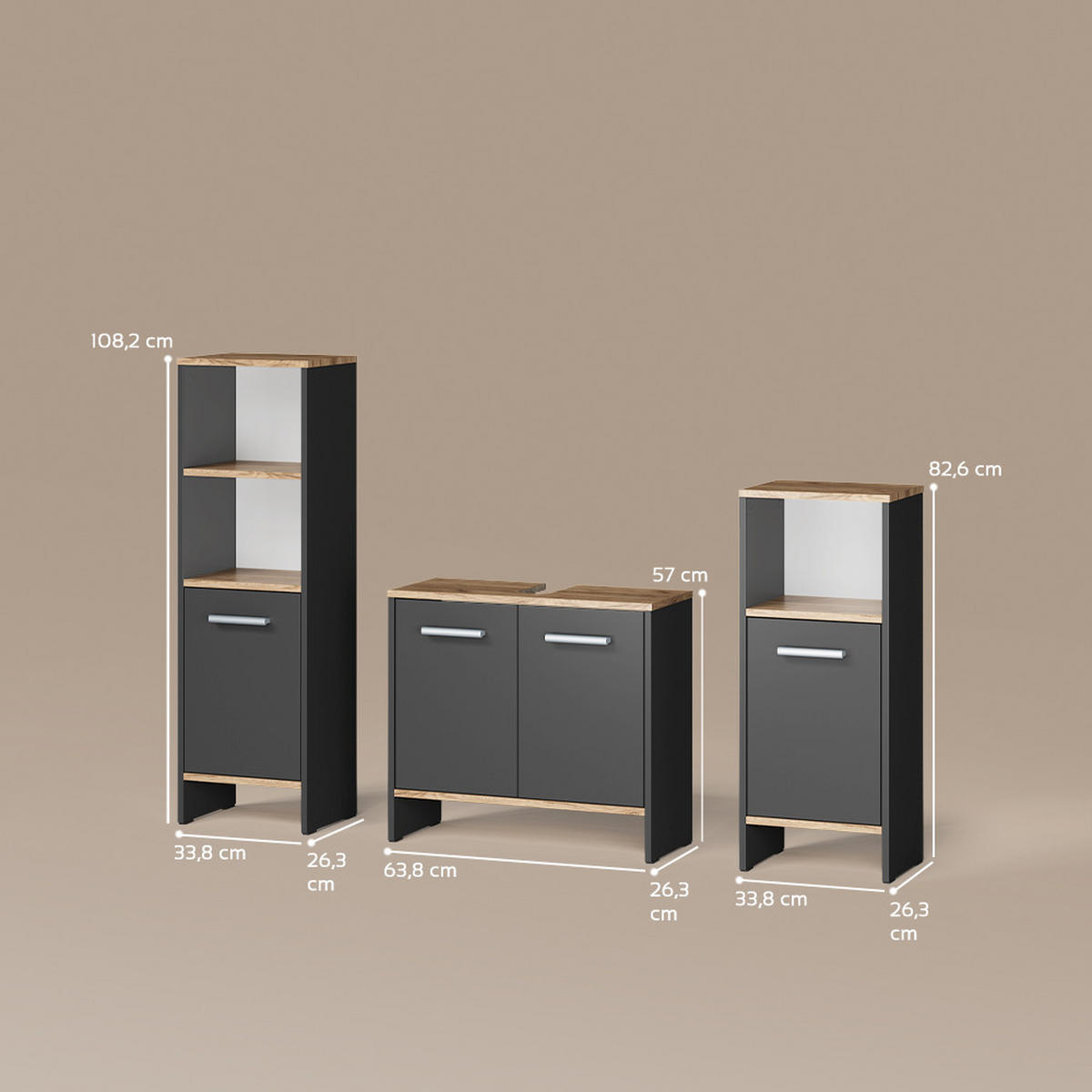 BADMÖBEL-SET Amalfi Anthrazit/Goldkraft Eiche 3-teilig - Honigeiche/Anthrazit, Holzwerkstoff (131.4/108.2/26.3cm) - Livinity®