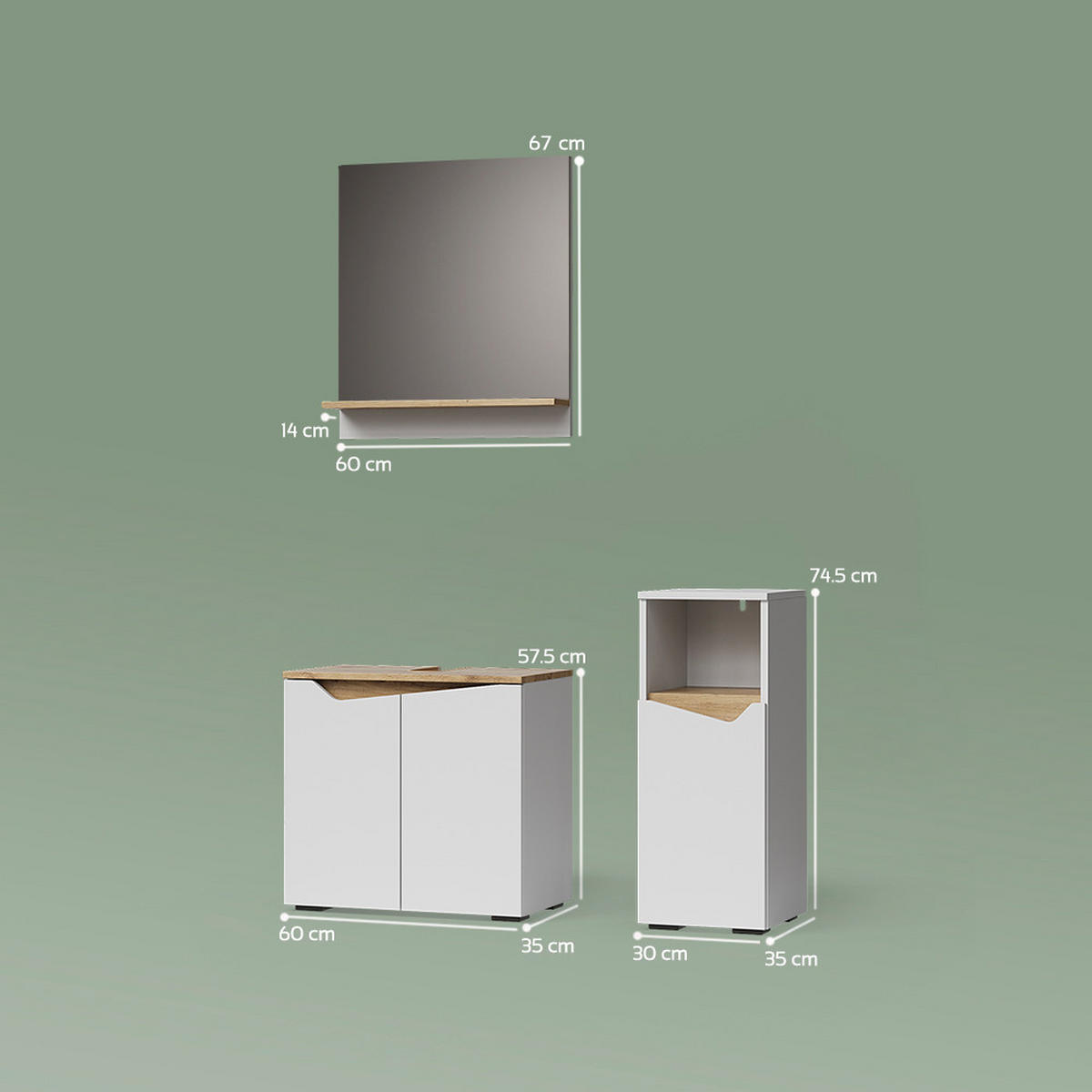 BADMÖBEL-KOMBINATION Timavo Weiß 3 Teile, mit Midischrank - Weiß/Eiche Artisan, Holzwerkstoff (60/57/35cm) - Livinity®
