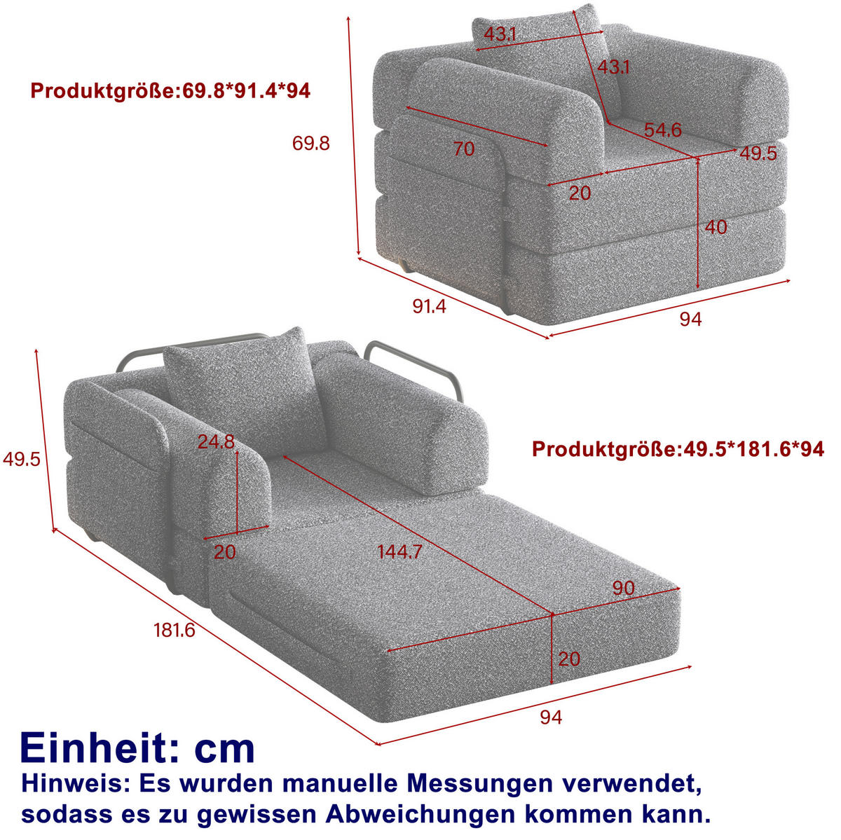 SCHLAFSOFA 2-in-1 in Schwarz – klappbar mit Armlehnen-Staufach und Chenillebezug - Schwarz, Textil (181.6/49.5/94cm) - BEAOK