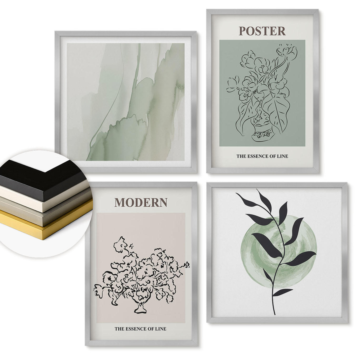 WANDBILDER 4er Set - 50x50 cm & 40x60 cm Silberner Rahmen - Blumen in einer modernen Vase - Silberfarben, Kunststoff (50/50cm) - ArtPrintCave