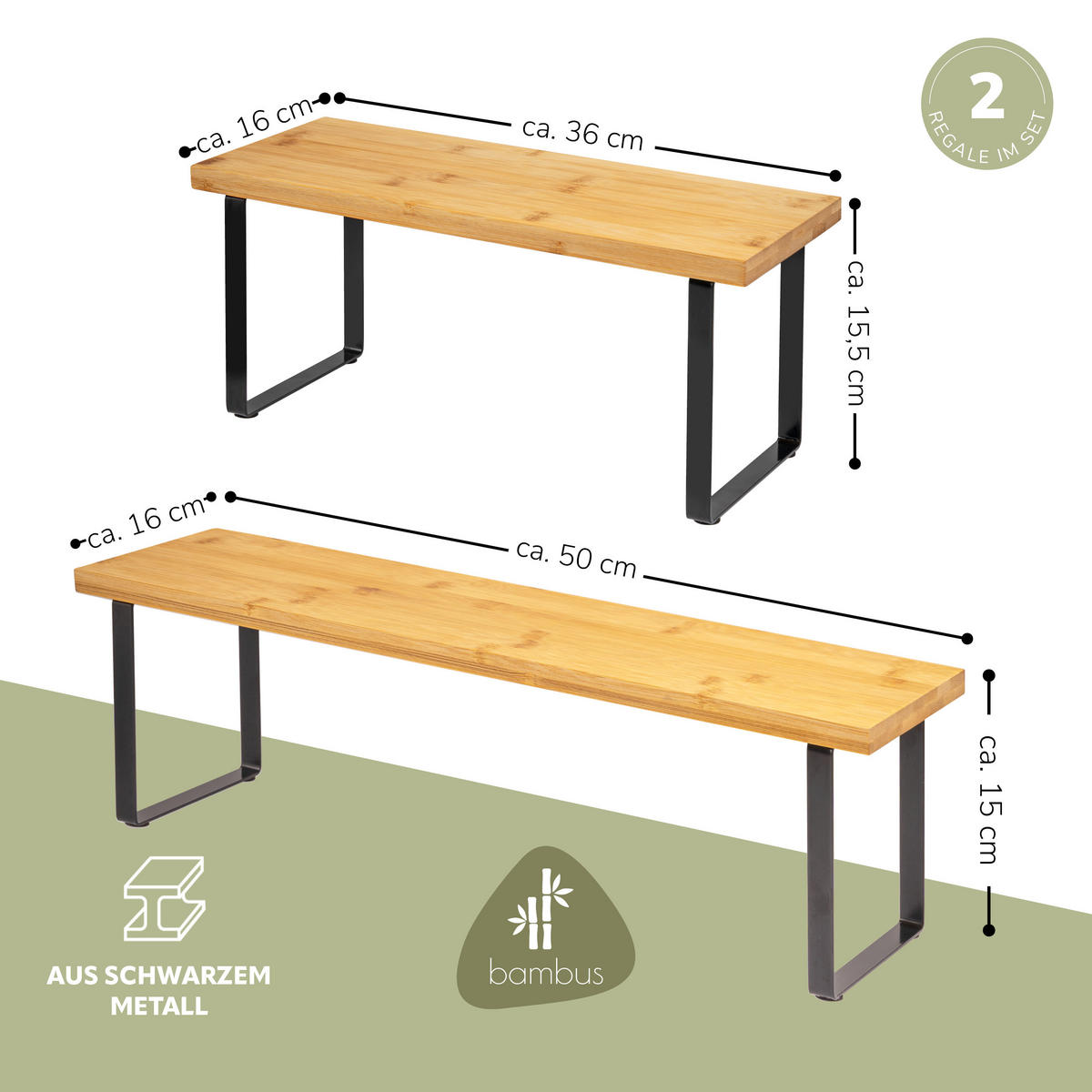 KÜCHENREGAL 2er-Set Bambus - Schwarz, Holz (50/15/16cm) - bremermann