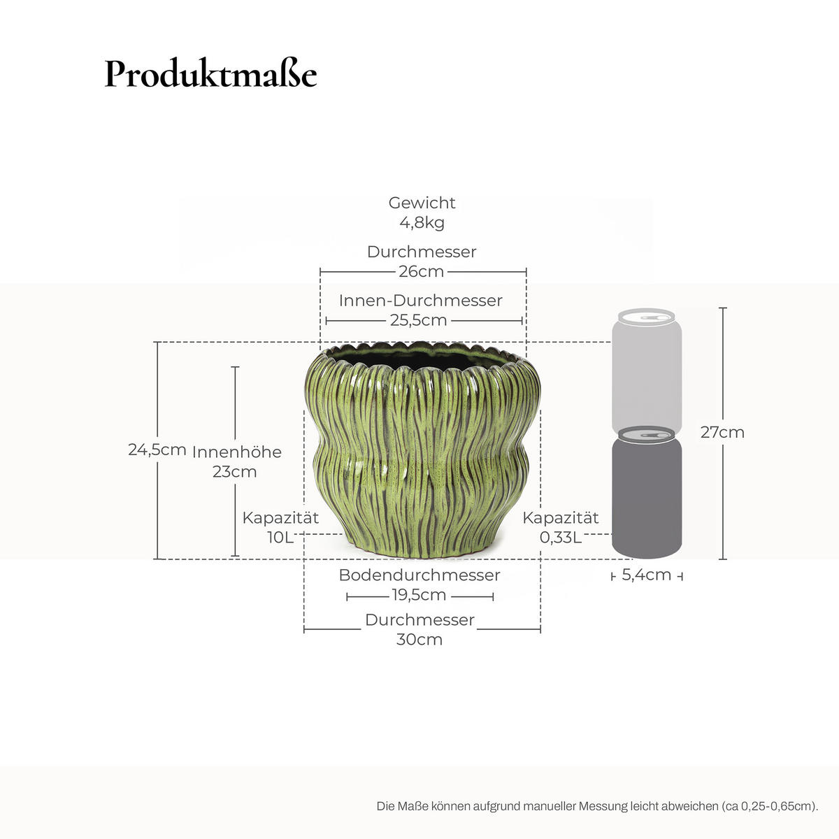 GRÜNER Keramik-Blumentopf, Durchmesser 26 cm, Höhe 24,5 cm - Grün, Keramik (25cm) - Hometopia