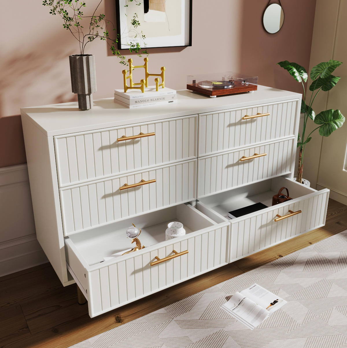 SCHUBLADENKOMMODE 120/40/75 cm mit 6 Schubladen und goldfarbenen Griffen - Weiß, Holzwerkstoff (120/40/75cm) - BEAOK