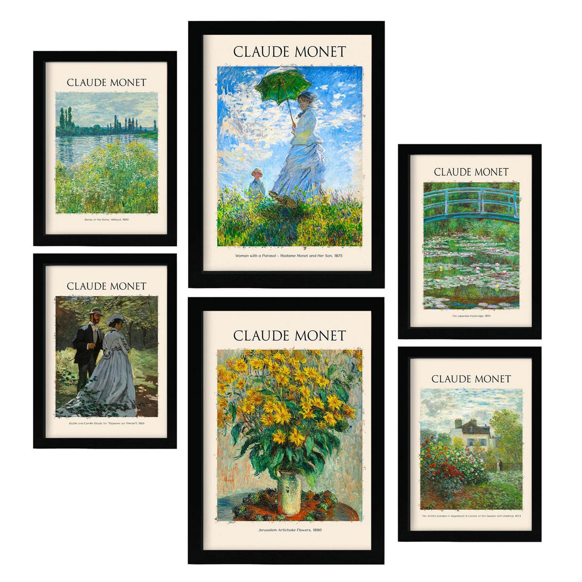 POSTER Set Mit 6 Monet Malergalerie A3 & A4 Schwarzer Rahmen - Schwarz, Papier (29/3cm) - Nacnic