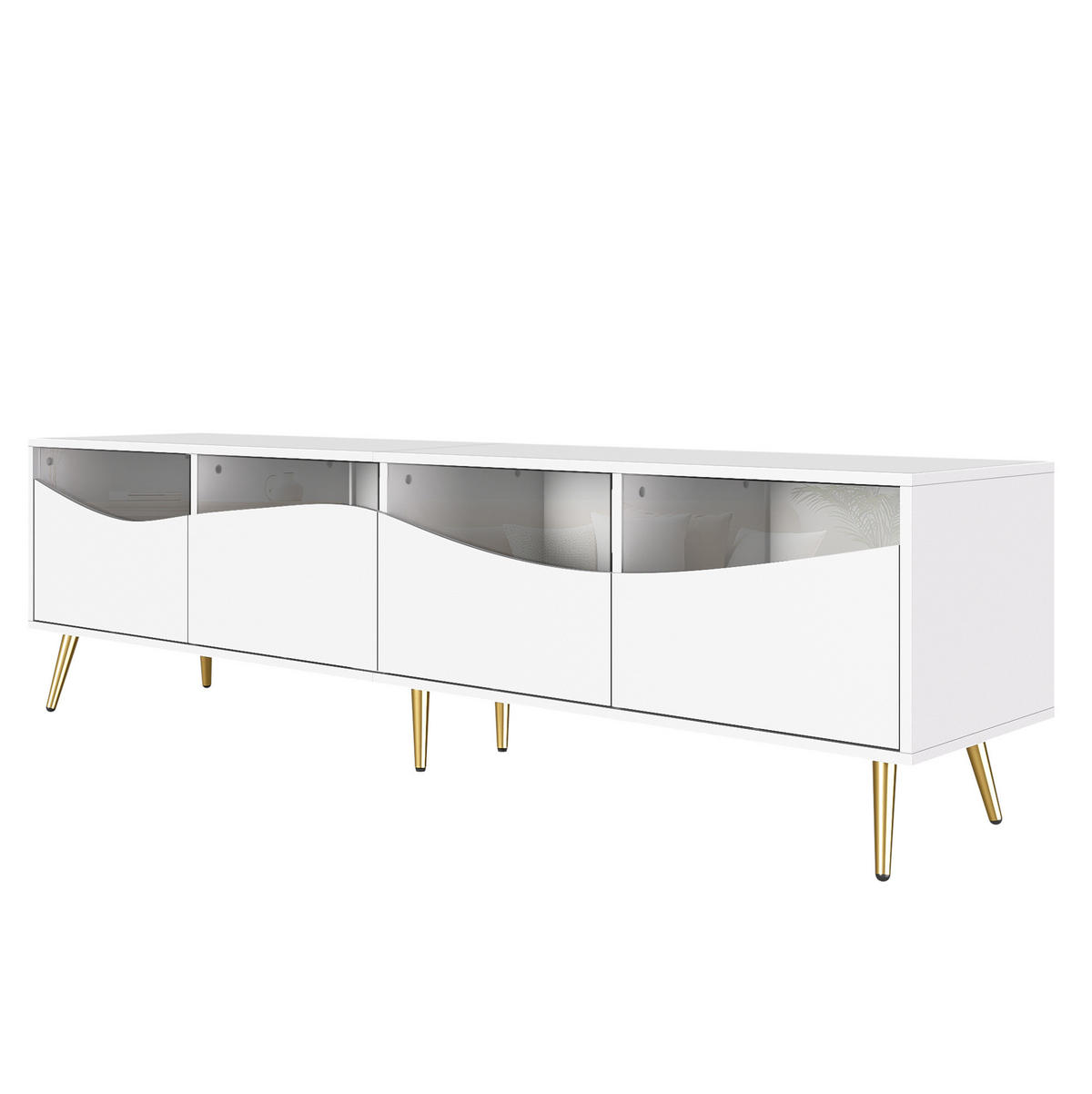 TV-SCHRANK aus MDF 180x40x50 cm Weiß mit LED-Beleuchtung, Glasfronten und Kabeldurchführungen - Weiß, Holzwerkstoff (180/50/40cm) - Modfu
