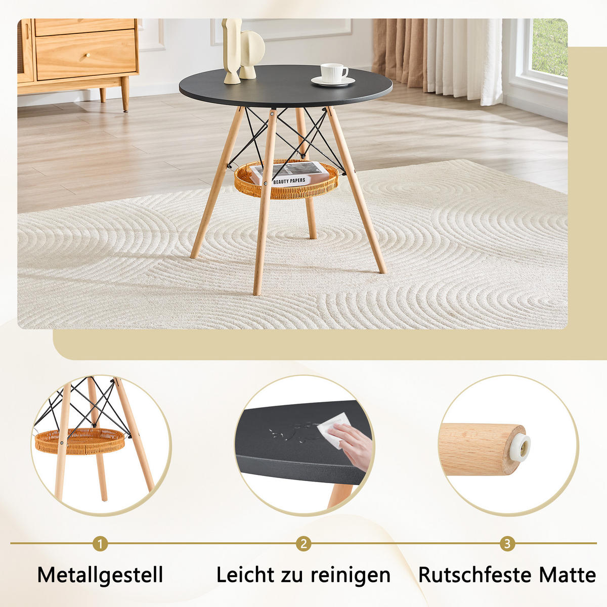ESSTISCH in Naturfarben|Schwarz Küchentisch mit MDF-Tischplatte, Massivholzbeinen und geflochtener Ablage, B80/T80/H71.5cm - Schwarz/Naturfarben, Holzwerkstoff/Metall (80/80/71.5cm) - STILVORA