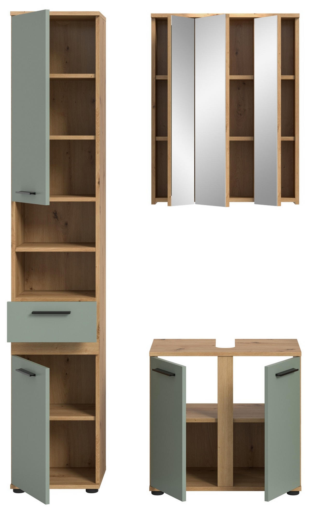 BADMÖBEL-SET Salbei grün, Eiche Artisan 112 cm 3-teilig, Badkombination in modernem Design - Salbeigrün/Schwarz, Glas/Holzwerkstoff (112/191/34cm) - Inn.Furn