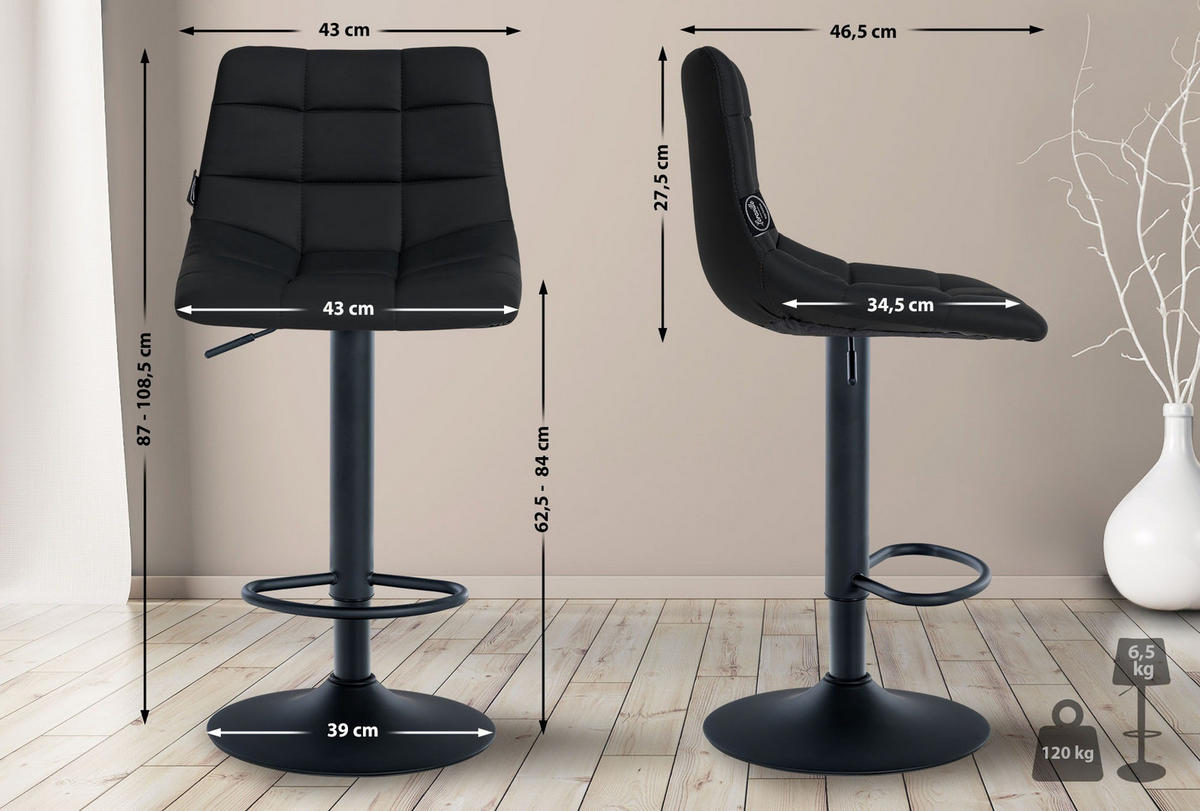BARHOCKER Jerry Kunstleder 87-108,5 cm Schwarz - Schwarz, Leder (43/87/46.5cm) - furnicato