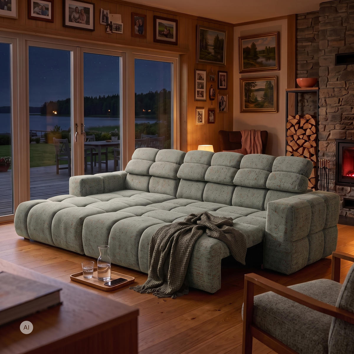 ECKSOFA TENDER Links mit Schlaffunktion und Verstellbare Kopfstützen, Chenille hellgrün - Schwarz/Hellgrün, Holz/Kunststoff (315/176cm) - Muffo