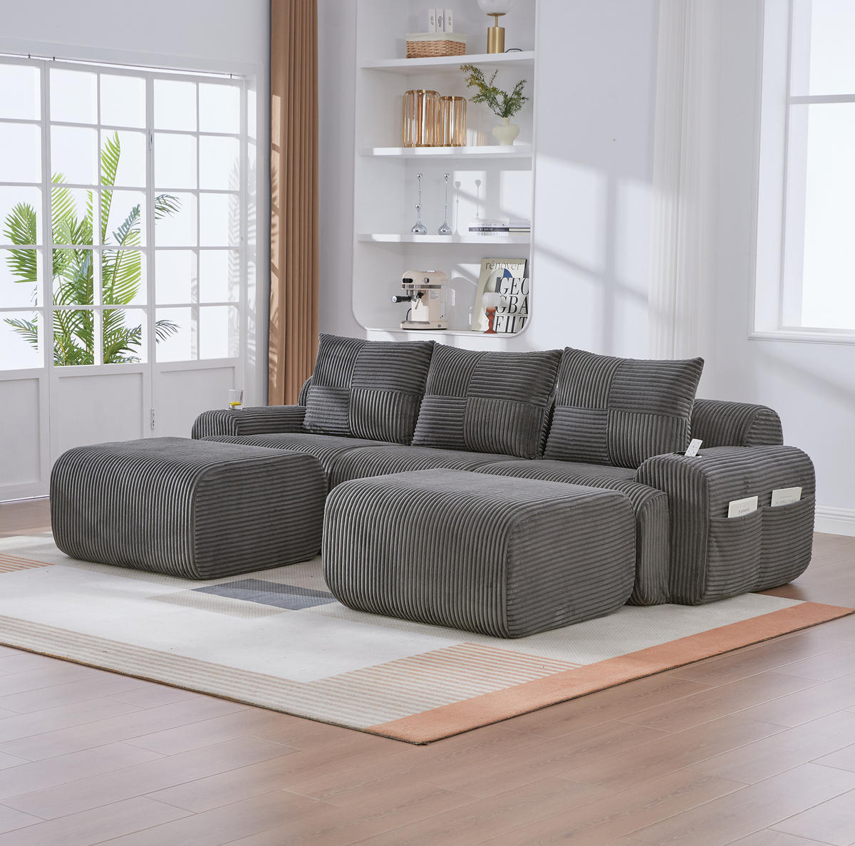 WOHNLANDSCHAFT 268/174/66 cm in Dunkelgrau, modular mit Cupholder und Seitentasche - Dunkelgrau, Textil (174/80/268cm) - Flora Grace