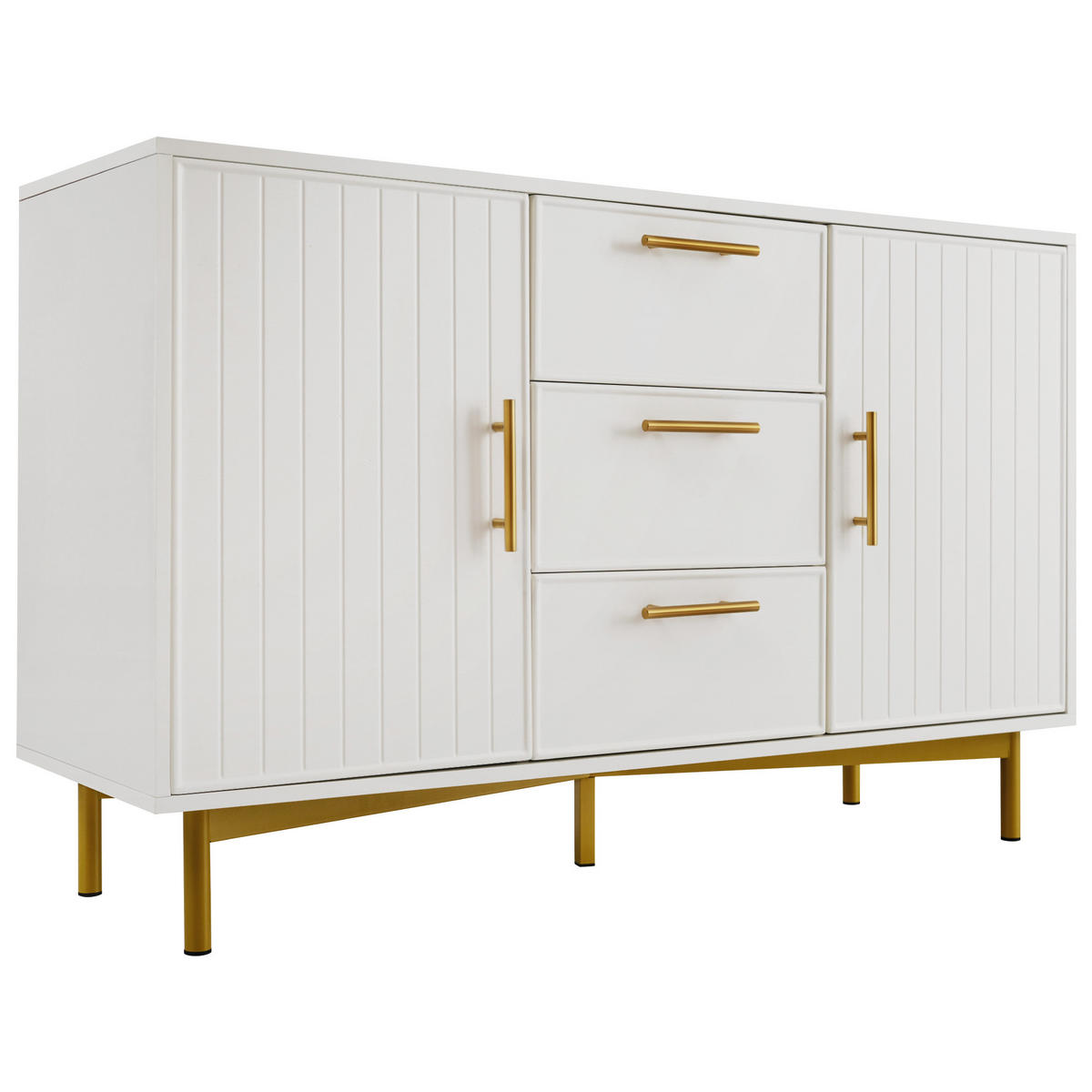 KOMMODE Sideboard geriffeltes Design höhenverstellbare Einlegeböden mit Stauraum Metallsockel - Goldfarben/Weiß, Holzwerkstoff/Metall (120/75/35.5cm) - EVRYAE