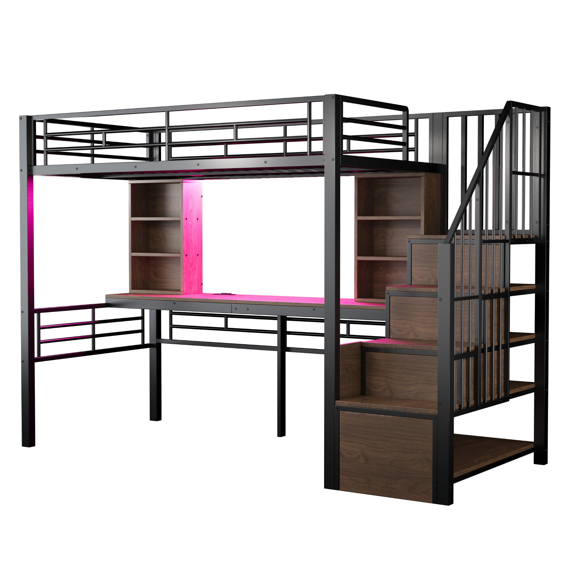 HOCHBETT 90/200 cm DE-01533, in Schwarz, mit Schreibtisch, Steckdose, LED und Stauraumtreppe - Schwarz, Metall (90/200cm) - ComfortXL