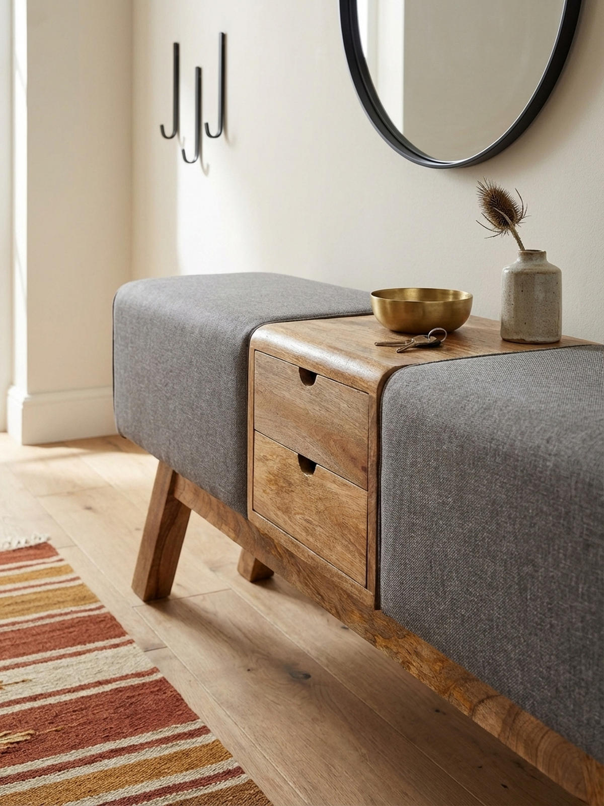 SITZBANK Massivholz Stoffbezug mit 2 Schubladen, Grau 120x30x56 cm - Braun/Grau, Mangoholz/Textil (120/56/30cm) - KADIMA DESIGN