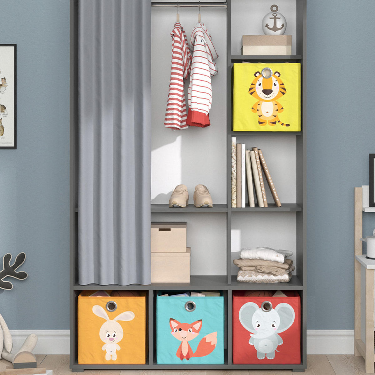 KINDERKLEIDERSCHRANK Luigi Grau 105.8 x 178.1 cm Mit Faltboxen (bunt) - Multicolor/Grau, Holzwerkstoff (105.8/178.1/38cm) - Vicco
