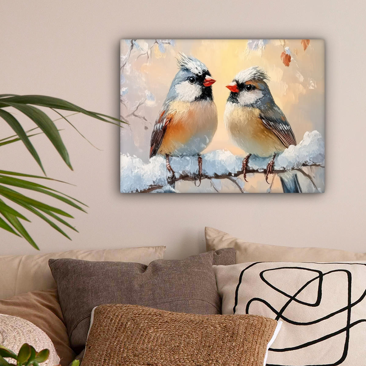 LEINWANDBILD Vögel - Zweig - Winter - Schnee 40x30 cm - Pastellblau, Textil (40/30cm) - MuchoWow