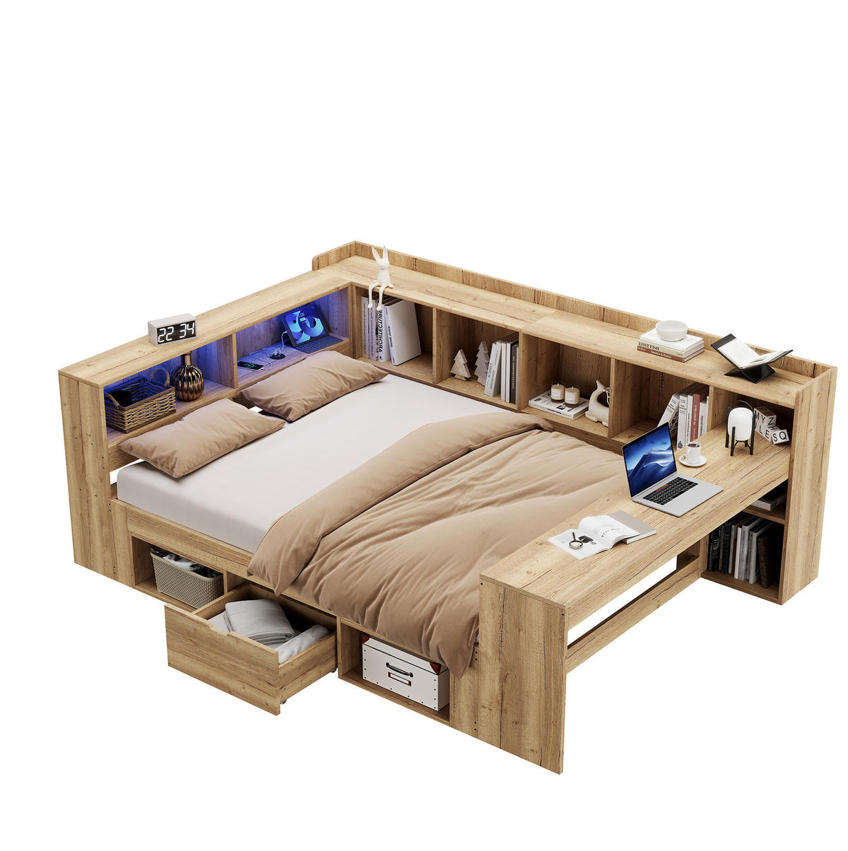 KINDERBETT 140/200 cm mit LED-Beleuchtung, USB- und Type-C-Anschluss, Schreibtisch und Stauraum, MDF, Natur - Naturfarben, Holzwerkstoff (140/200cm) - Redom